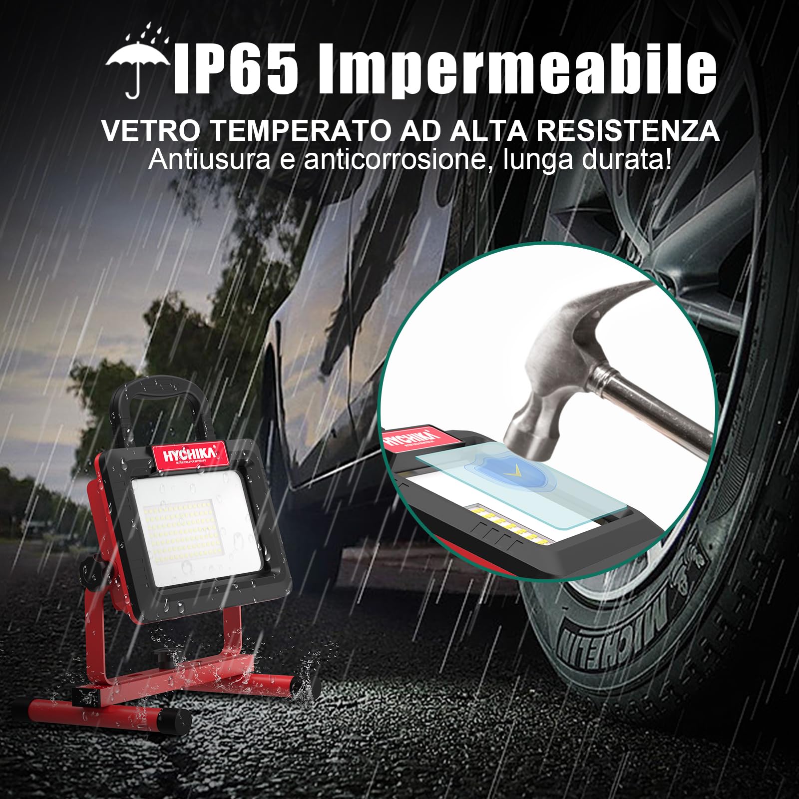 HYCHIKA Faretto LED da Cantiere 100W, Faro LED Portatile 12000LM 6500K 2 Luminosità Regolabile, IP65 Impermeabile Cavo 2M, Rotazione 360°con Staffa Pieghevole, Faretto Lavoro per Esterno, Interno