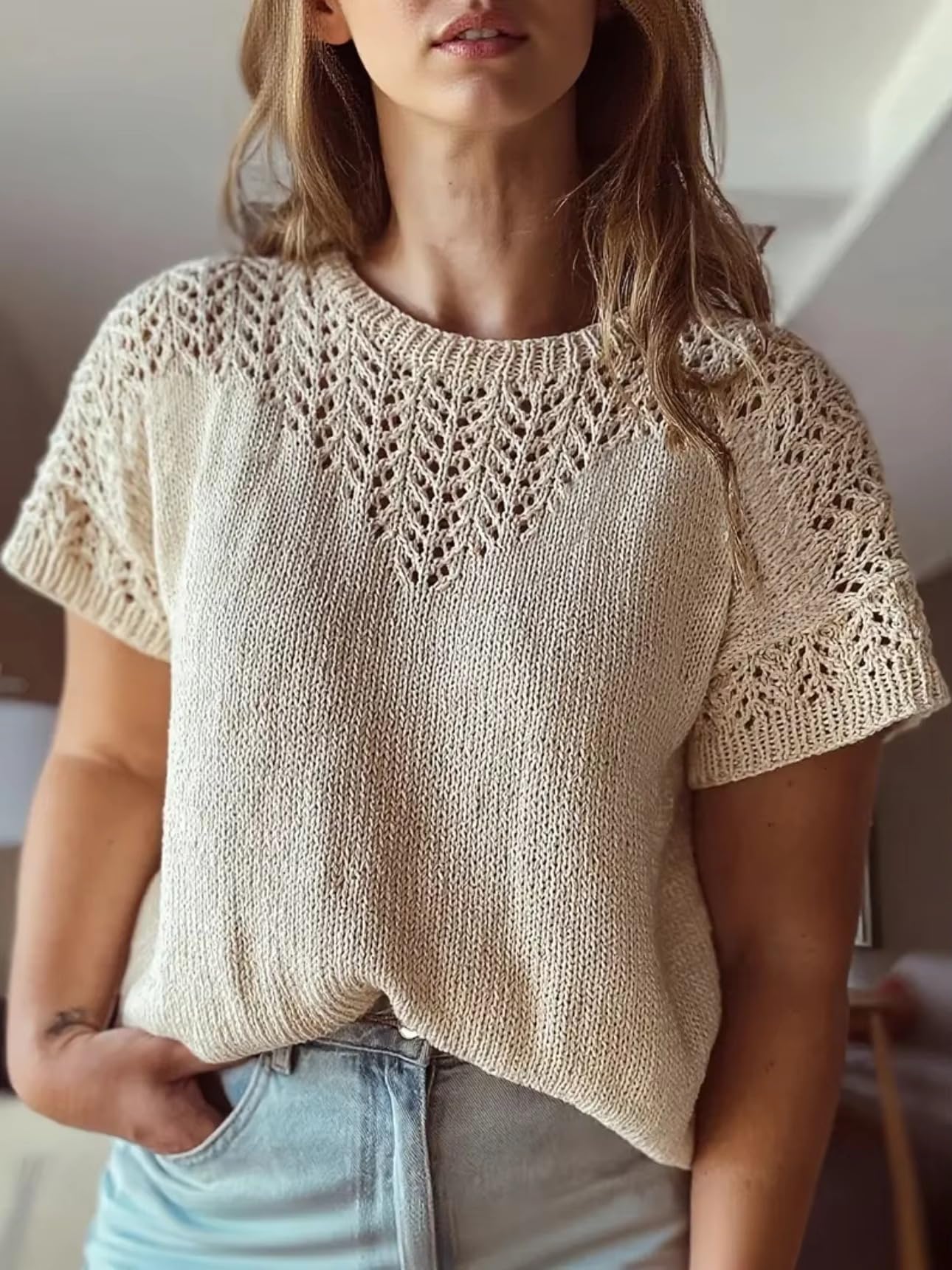 Maglia Traforata Donna, Top Estivo Morbido e Traspirante a Collo Rotondo
