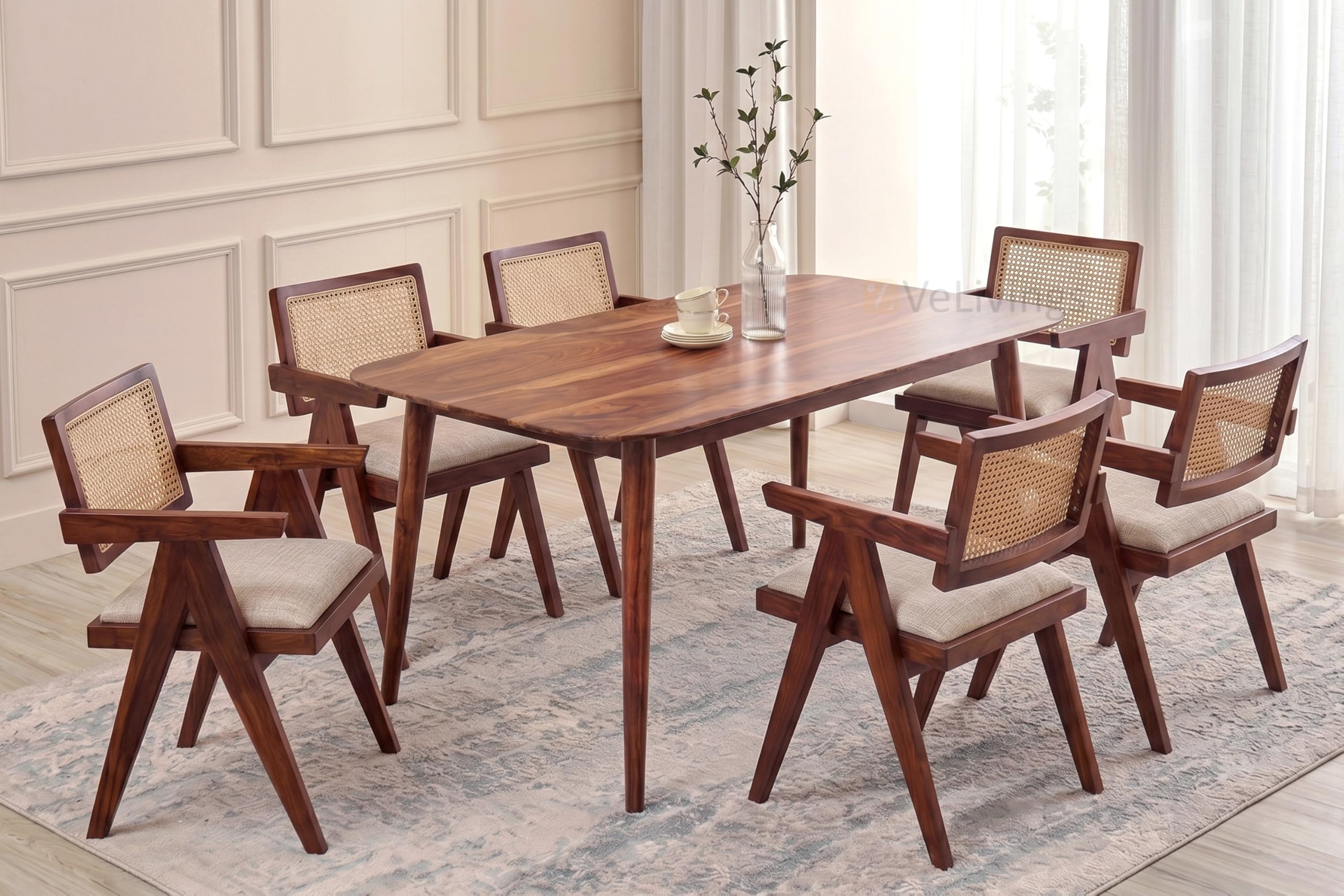 VeLivings Solid Sheesham Wood 6 Seater Dining Table Set with Cane Back Chairs with Cushions for Dining Room | Living Room | Home & Office | Hotels Restaurant & Cafe (Honey Finish)-image-29