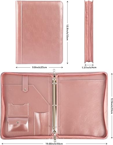 Miniatura 5 de Calfinder Carpeta de cuero con 3 anillos, carpeta de piel sintética para mujer, organizador de cartera de negocios rosa con soporte para bloc de