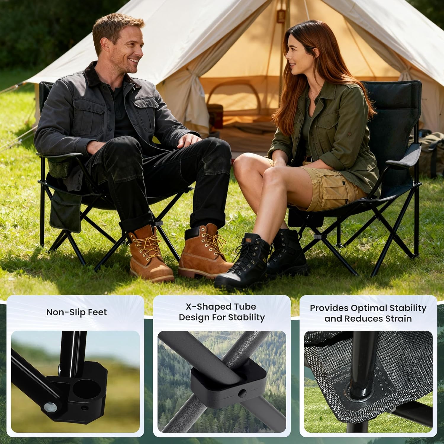 Portable Camping Chair 2 Pack, Folding Outdoor Chair with Cup Holder & Side Pocket for Camping, Hiking, Picnic, Beach (Black)