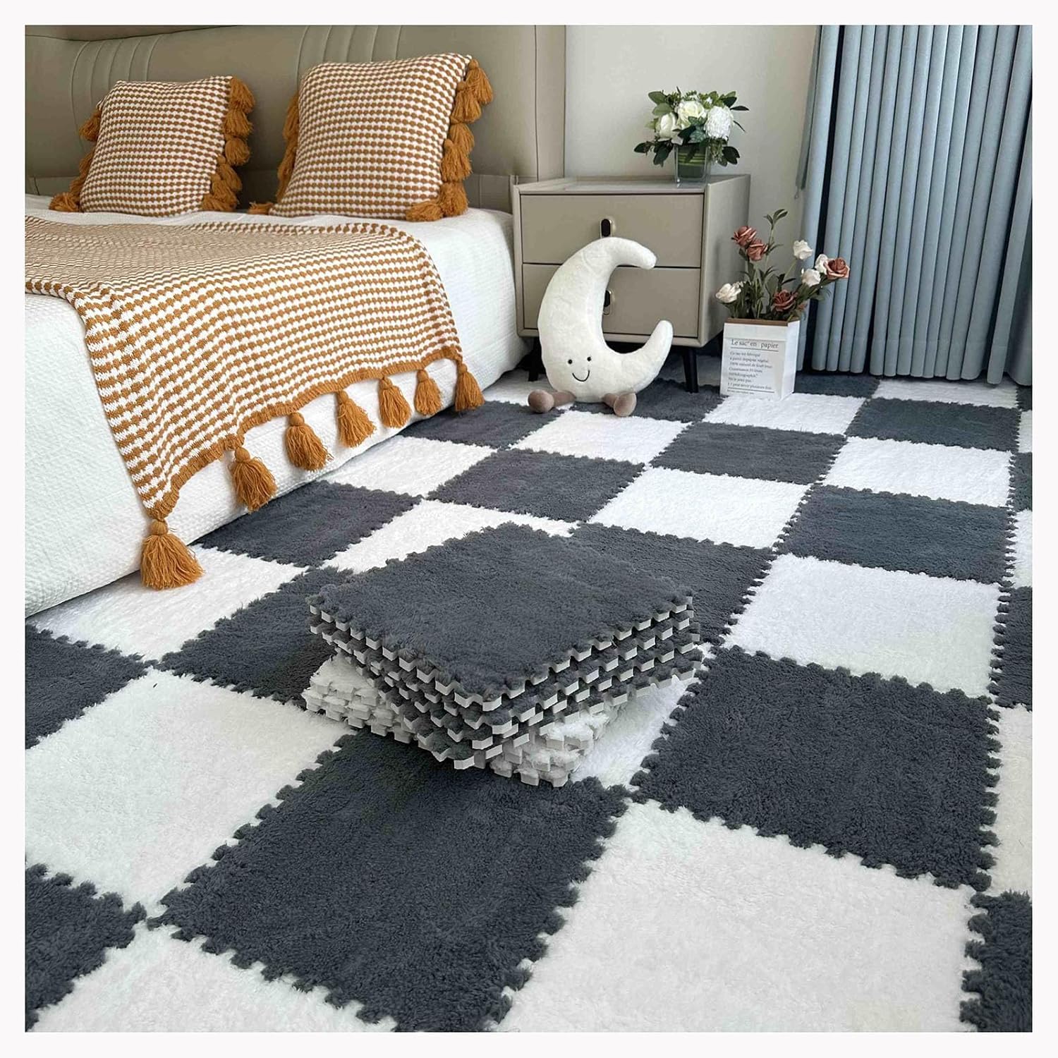 JvFbjLF Interlocking Foam Play Mat DIY Puzzle Foam Floor Rug 50pcs 30x30cm Square Foam Mats(White+Black)