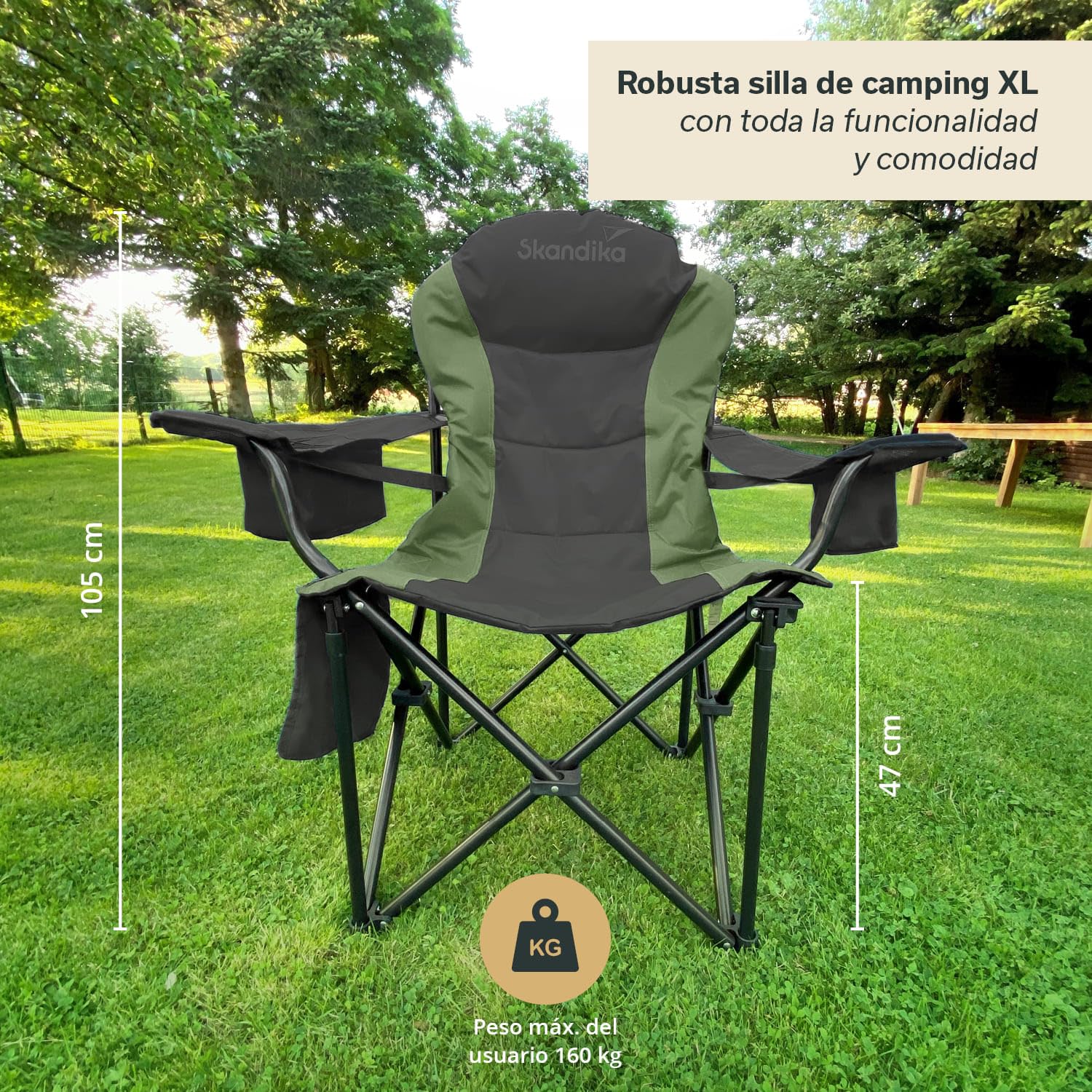 skandika Relax Comfort Silla de Camping - cómoda, Plegable y con portabebidas - máx. Peso Usuario de 150 kg - Bolsa de Transporte (Verde/Gris)