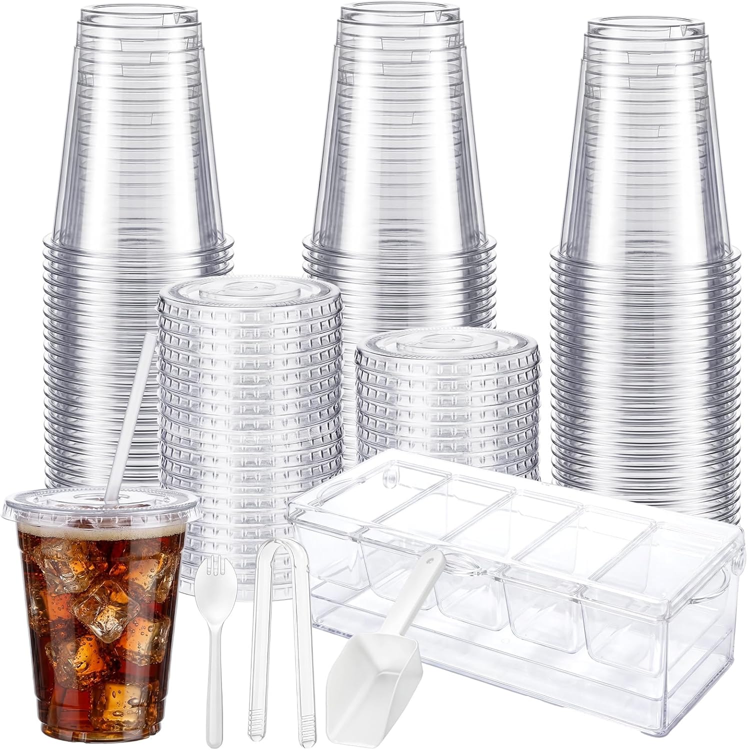 Thenshop 100 Sets Dirty Soda Bar Supplies Party Drinkware Cup Kits 12 oz Clear Plastic Cups with Lids and Straws and Condiment Tray Sets with 2 Clips 5 Sporks and Spatula for Wedding Picnic Disposable
