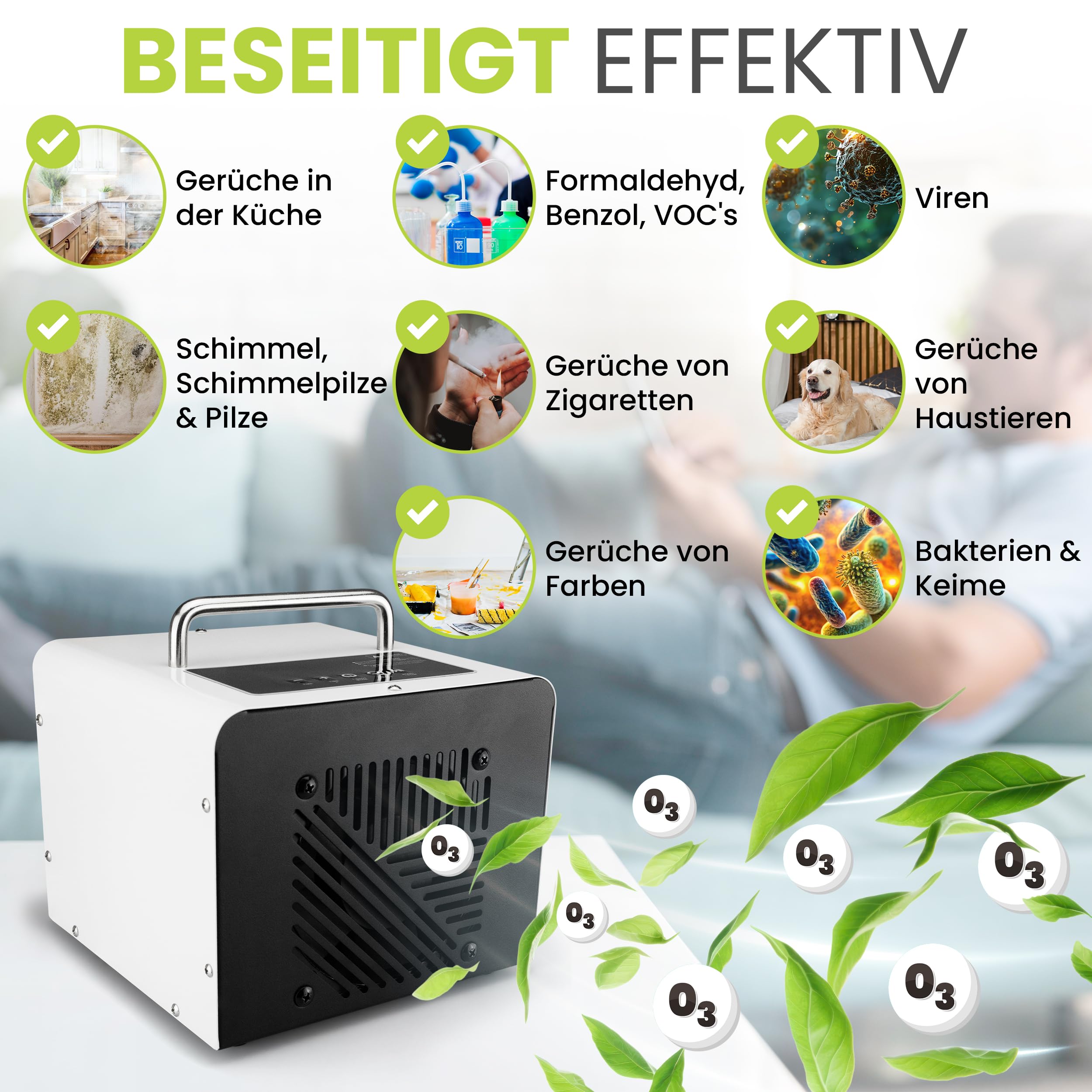 Ozongenerator, 40.000 mg/h Ozonleistung – Ozongerät Luftreiniger & Geruchsentferner für Auto, Wohnbereich, Küche, Keller, Gewerbe und mehr – Effizienter Raumluftdesinfektor für Frische & Reinheit