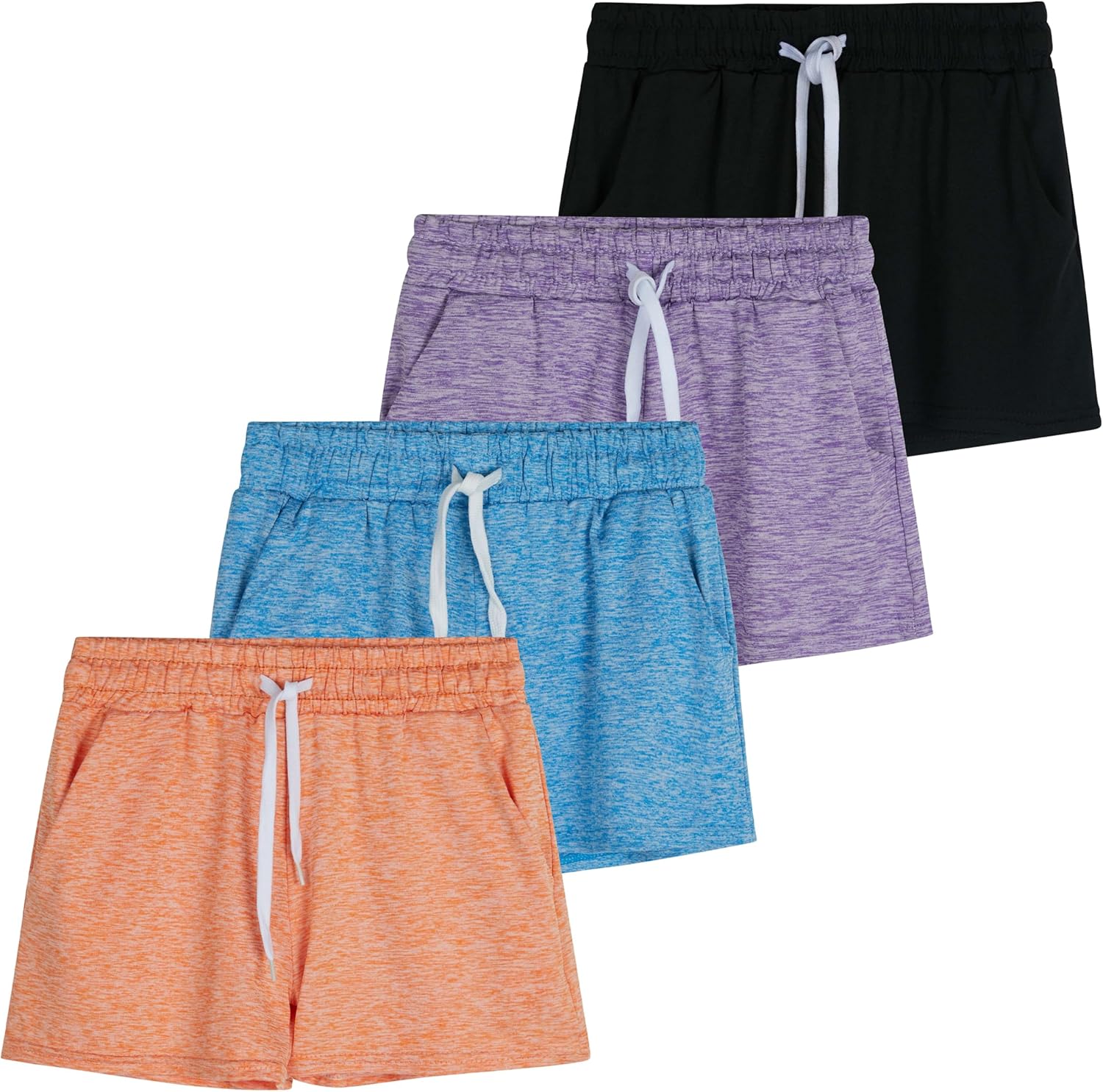 Real Essentials 4 Pack: Girls Athletic Performance Dry-Fit Running Shorts with Drawstring & Pockets