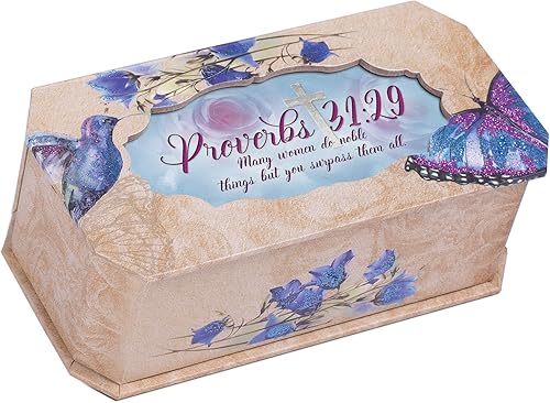 Cottage Garden Caja musical con purpurina de mariposa y pájaro con texto en inglés Many Women Noble Things