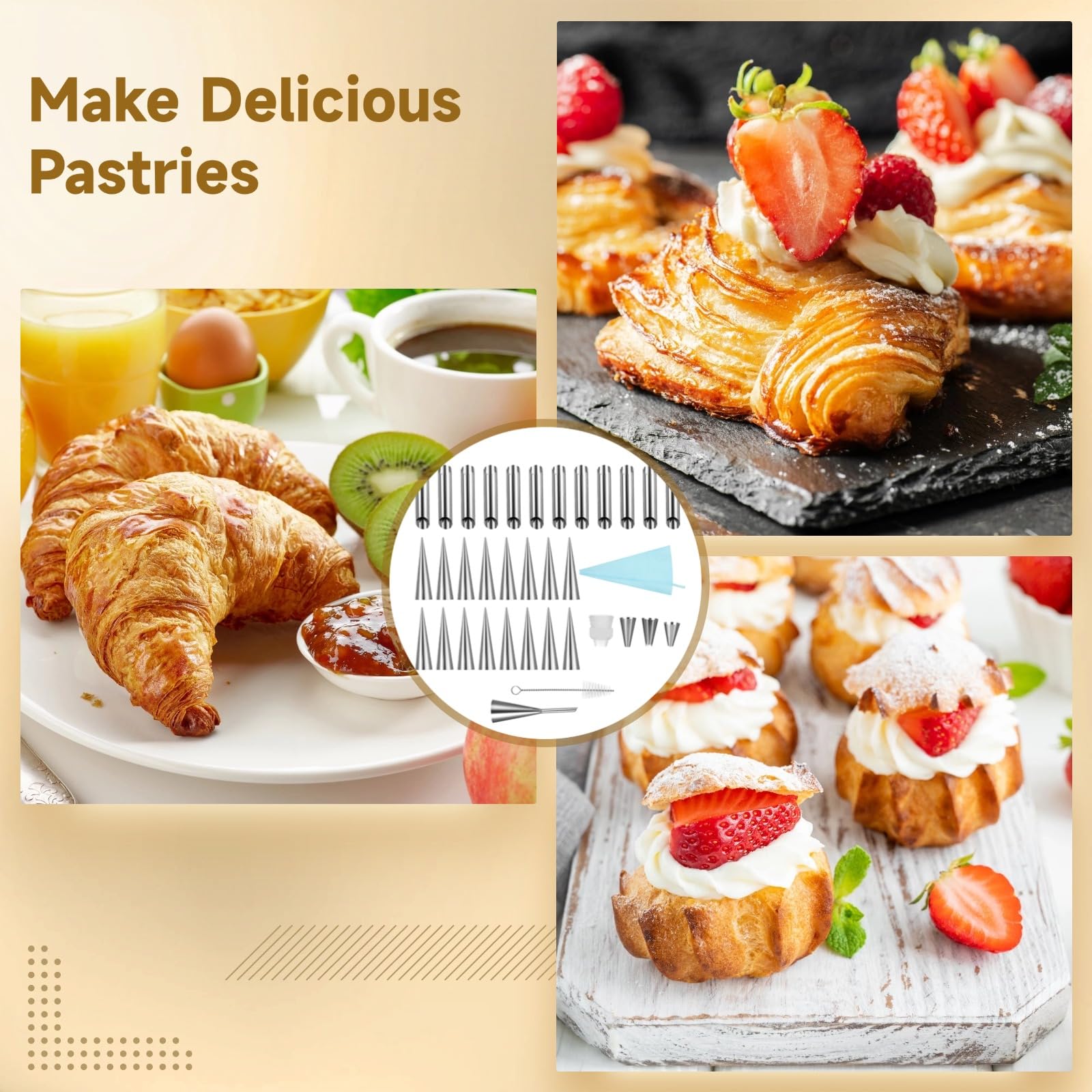 Zestaw rurek Cannoli, 35 szt. foremek do rogalików ze stali nierdzewnej i rożków kremowych, narzędzia do pieczenia ciasta duńskiego do domowego i profesjonalnego robienia deserów, silikonowa torba do