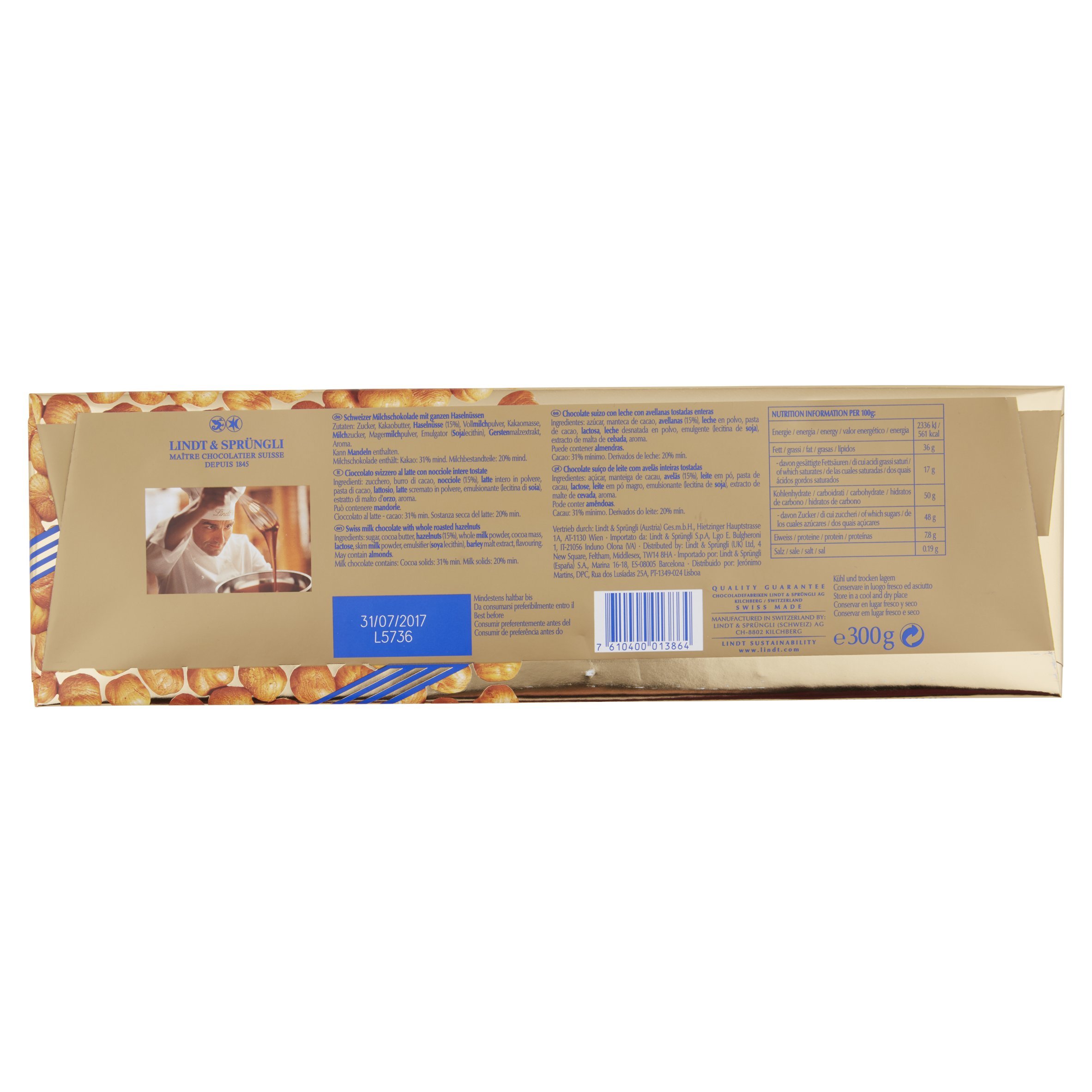 Lindt & Sprüngli Vollmilch Nuss Tafel, 10er Pack (10 x 300 g)