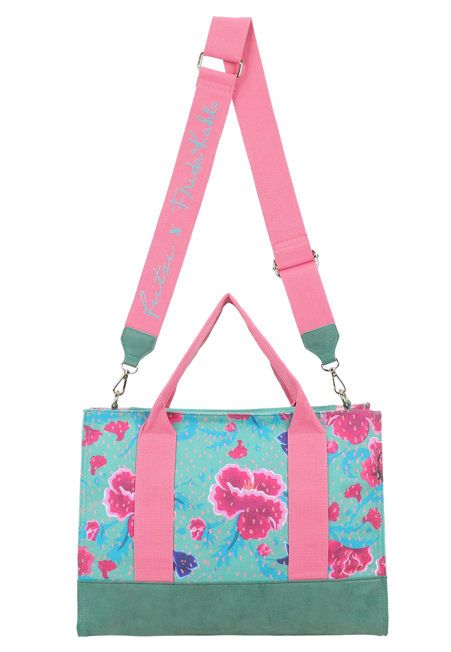 Fritzi x Frida Kahlo Tote Bag Limited Canvas Shopper Damen Schultertasche Handtasche Freizeit Alltag Arbeit Festival Reißverschluss Canvas 29.5 x 40 x 14 cm – Pink, Rosa, Türkis, Beige, Lila, Grün