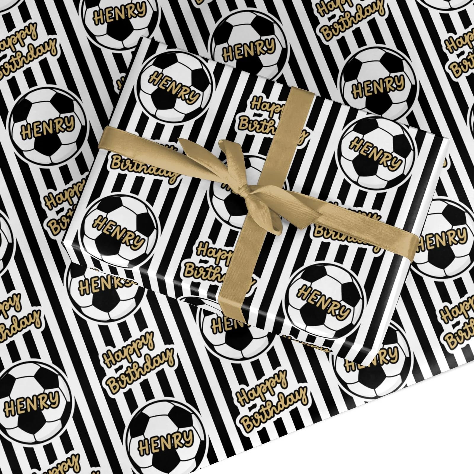 Personalised Football Birthday Wrapping Paper for Boys - For Girls Children Kids - Men Adults - Gift Wrap - Custom Name Black White Striped - 1 Sheet (50cm x 65cm)
