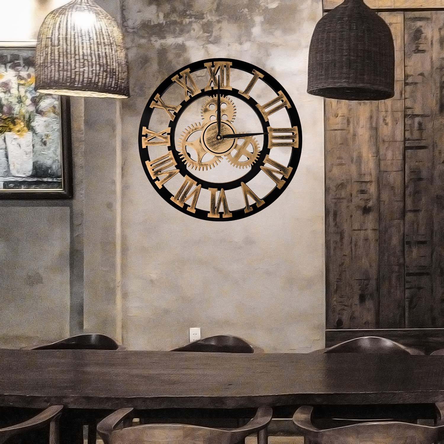 Reloj de Pared de Madera de Cuarzo con Números Romanos con Engranajes Vistos, Silencioso, no Hace tictac, para Sala de Estar, Dormitorio, Oficina, Cocina