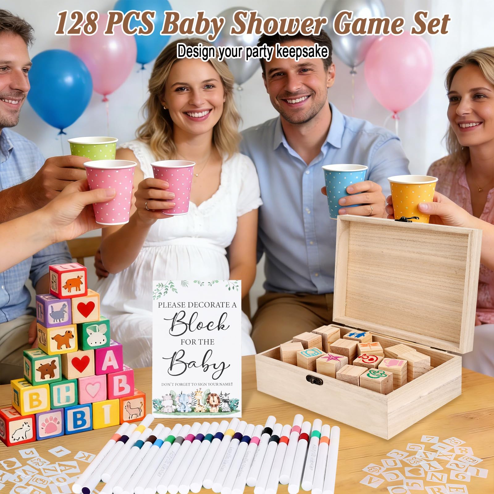 128 Pezzi Set di Giochi per Baby Shower, Blocchi di Pittura Creativa con 48 Blocchi di Legno, 24 Matite Colorate, 54 Stencil e Scatola di Legno per la Festa di Rivelazione del Sesso