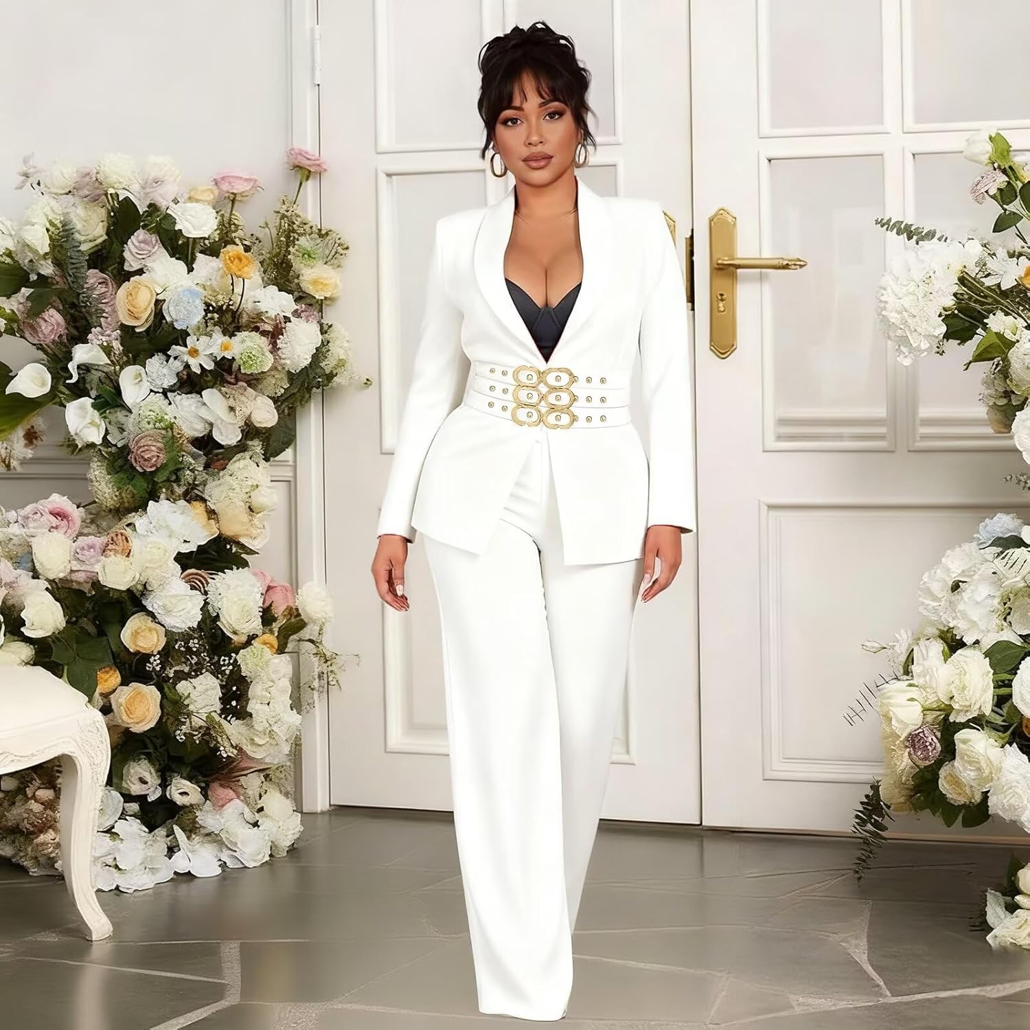 Womens Suits Thick Long Sleeve Belted Blazer and Pants Set Business Casual Interview Outfits with Pockets