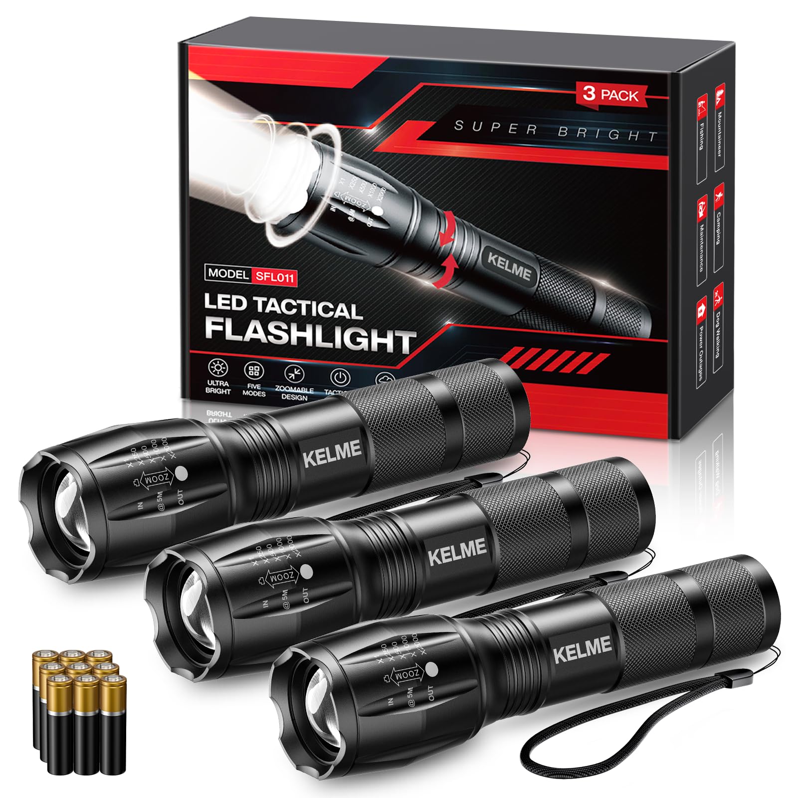 KELME 3 Pack Flashlights High Lumens, Powerful Tactical Flashlights with 5 Modes, Zoomable Small LED Flashlight Waterproof Handheld Flash Light for Home Emergencies Camping Hiking (Battery Included)