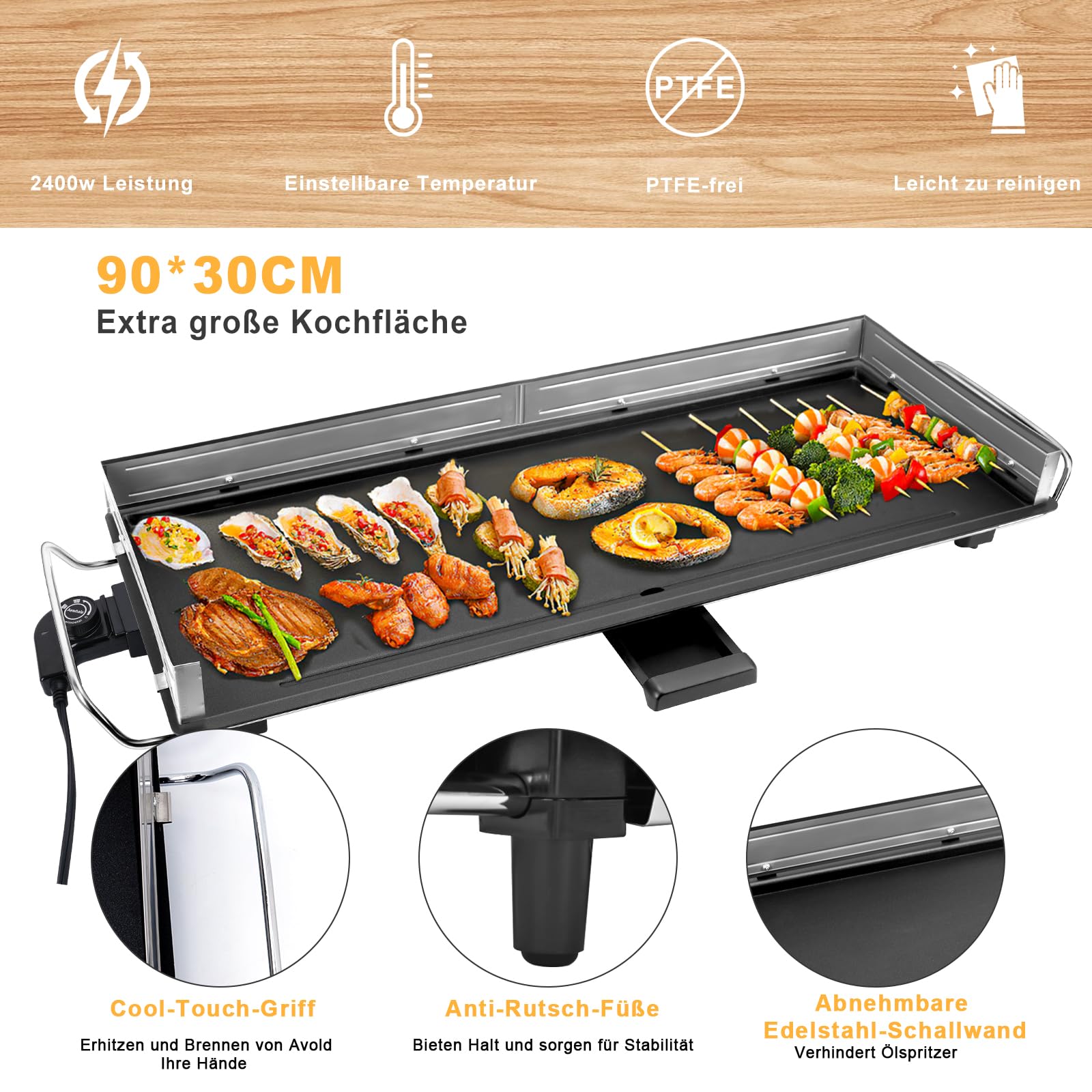 AEWHALE Tischgrill Elektrisch,XXL Plancha-Teppanyaki Grillplatte 2400W mit Wind-/Spritzschutz aus Edelstahl,Grillspaß für 10 Personen Innen/außen,Extra Wide(90x33cm)