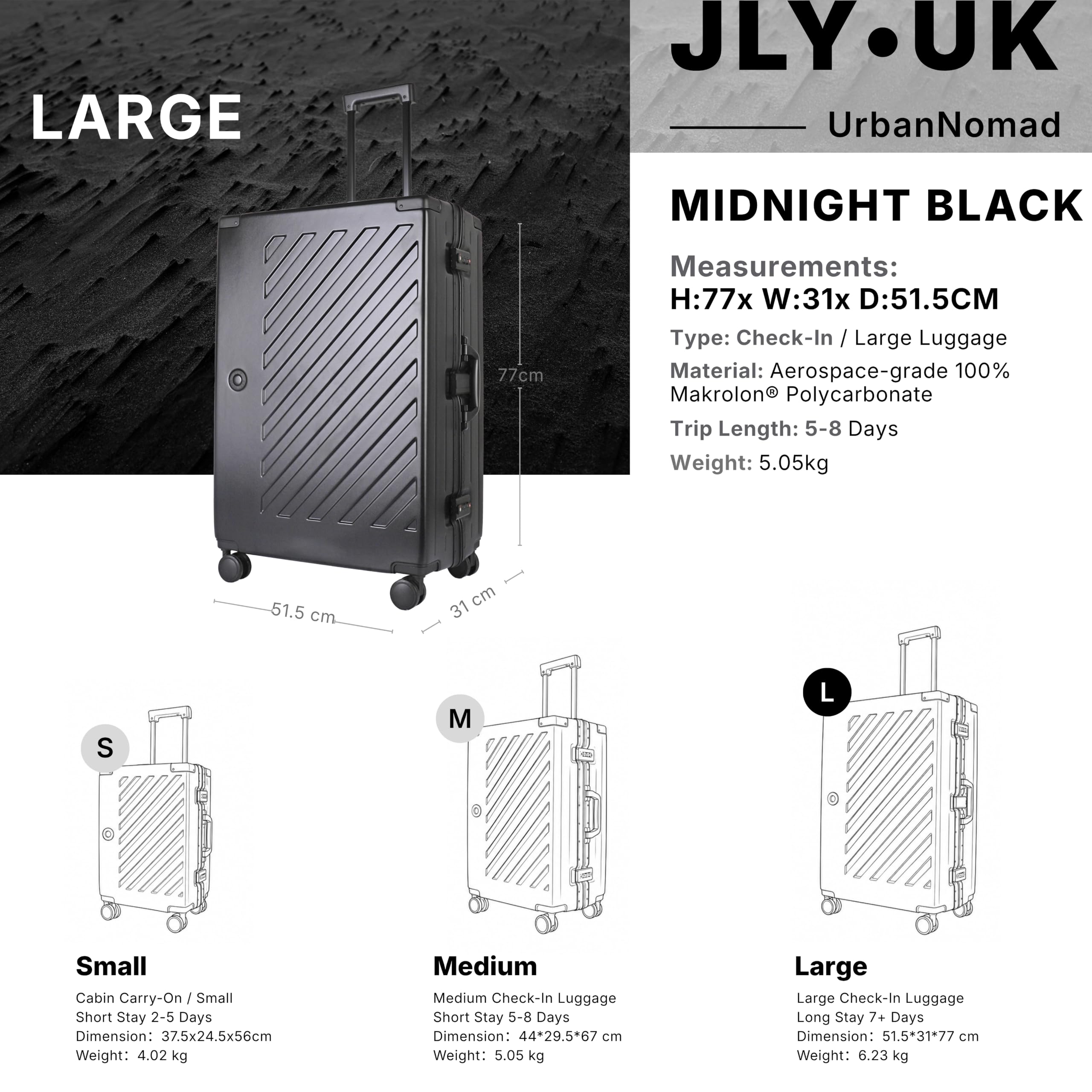 JLY 100% poliwęglanowy bagaż, podwójne zamki TSA, walizka 50 cm, twarda strona, 4 kółka obrotowe, aluminiowy uchwyt, walizka podróżna w kabinę, Stal Czarna, L (75cm 86L)
