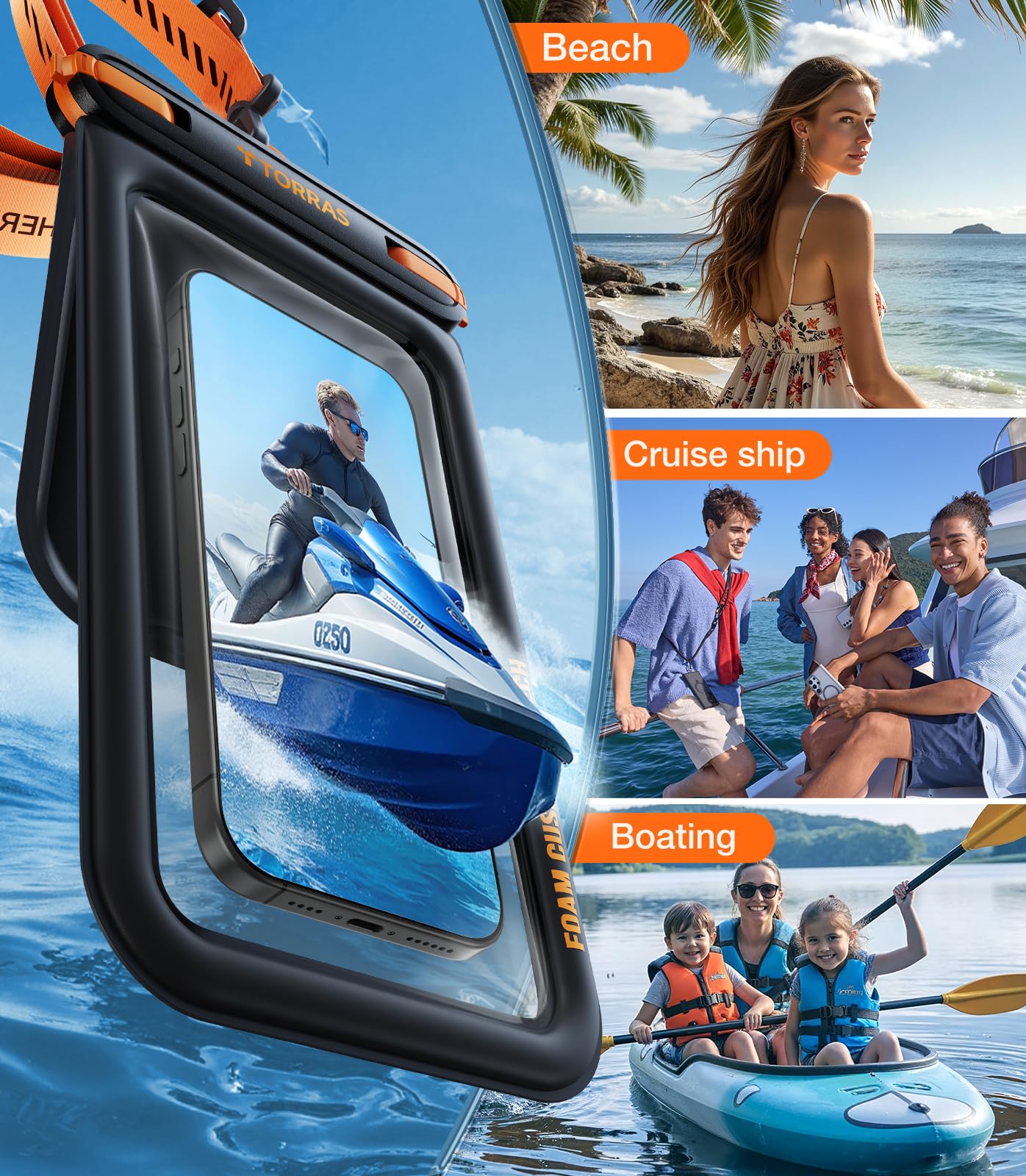 TORRAS Funda impermeable IP68 para teléfono con doble espacio, funda flotante impermeable con cordón para iPhone 17 Pro Max 16 15 S26 S25, bolsa seca para teléfono, vacaciones, crucero, viajes