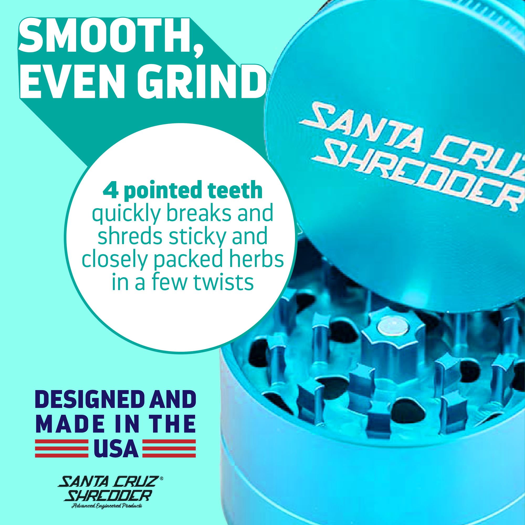 Santa Cruz Shredder Metal Herb Grinder Knurled Top for Stronger Grip 3-Piece Medium 2.2" (Teal) - Image 3