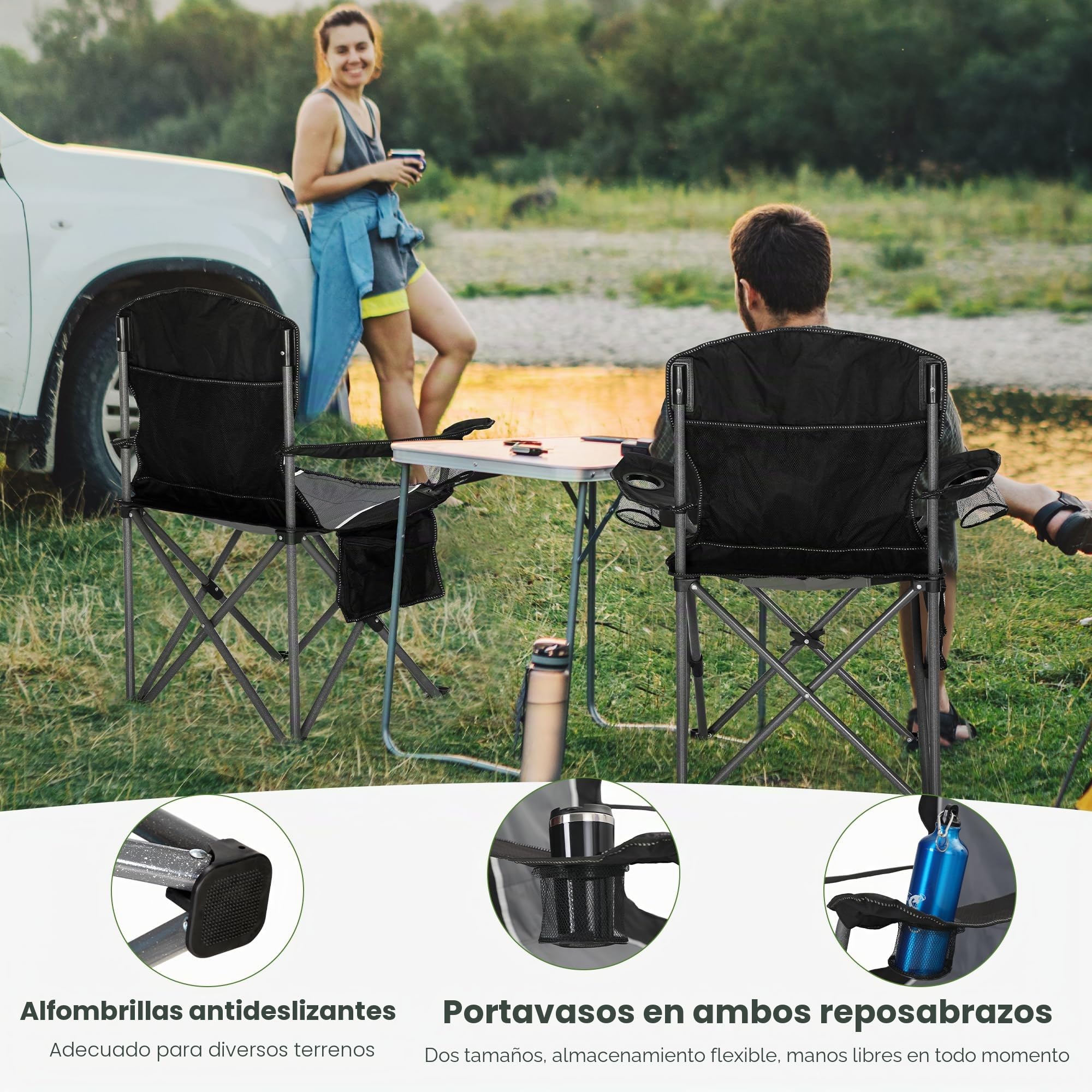 HIGH POINT SPORTS Silla de Camping Negro, Silla Camping Plegable Silla Plegable Portátil de Gran Tamaño, Silla Plegable Azul-Gris Resistente al Aire Libre 160KG Silla de Pesca (Negro 2 Piezas)