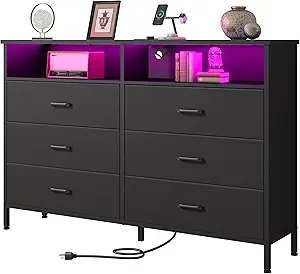 Dresser for bedroom, Fabric Black Bedroom Dresser with LED Lights and Charging Station, 6 Long Drawers Dressers, Tall Wide Chest of Drawers Storage Organizer TV Stand for up to 60" TV for Living Room