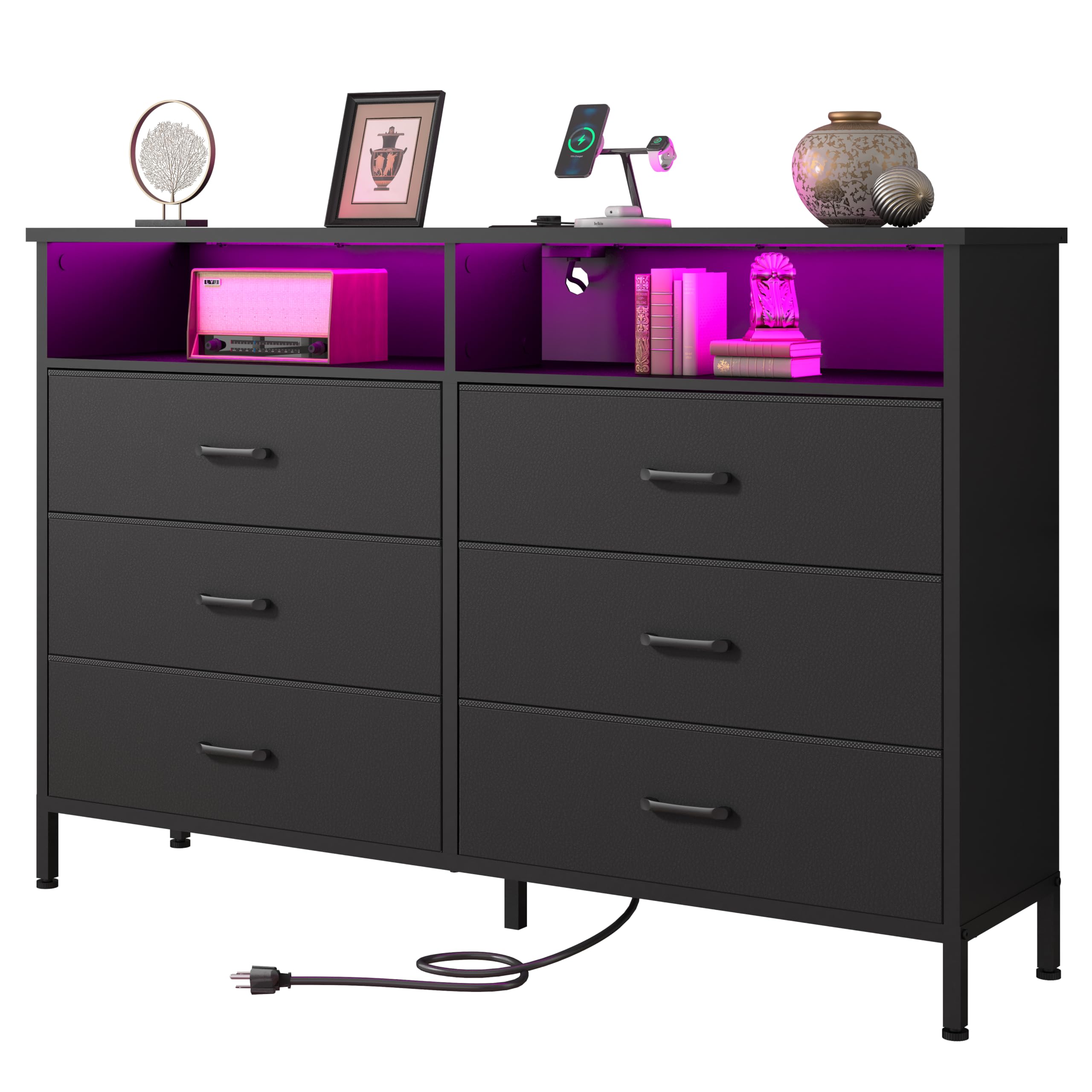 Dresser for bedroom, Fabric Black Bedroom Dresser with LED Lights and Charging Station, 6 Long Drawers Dressers, Tall Wide Chest of Drawers Storage Organizer TV Stand for up to 60" TV for Living Room