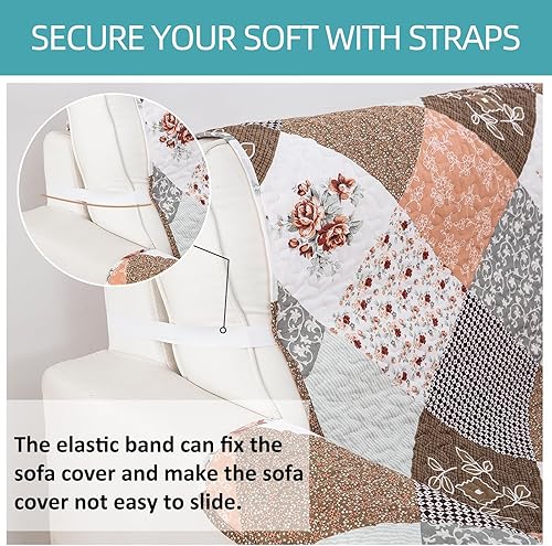 Miniatura 5 de Yiran Funda de sofá floral de retazos, funda de microfibra suave para muebles, para mascotas y niños, con partículas antideslizantes y correa