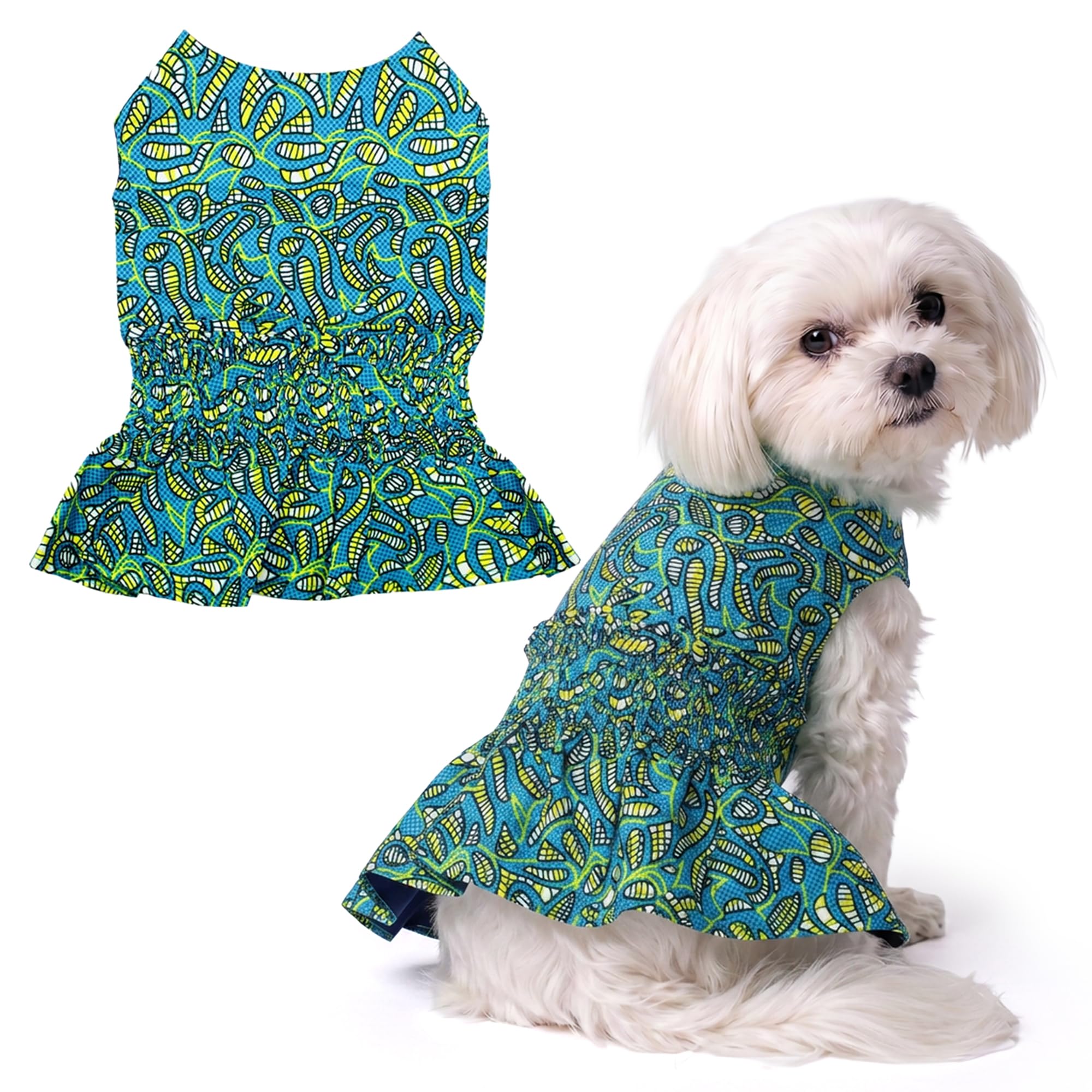 Parisian Pet Tribal Dog Dress - Summer Clothes for Small Dogs Girl - Ruched Waist Pet Dress - Stylish Printed Beach Dog Outfit - Lightweight Puppy Clothes - Sleeveless Dresses for Dogs