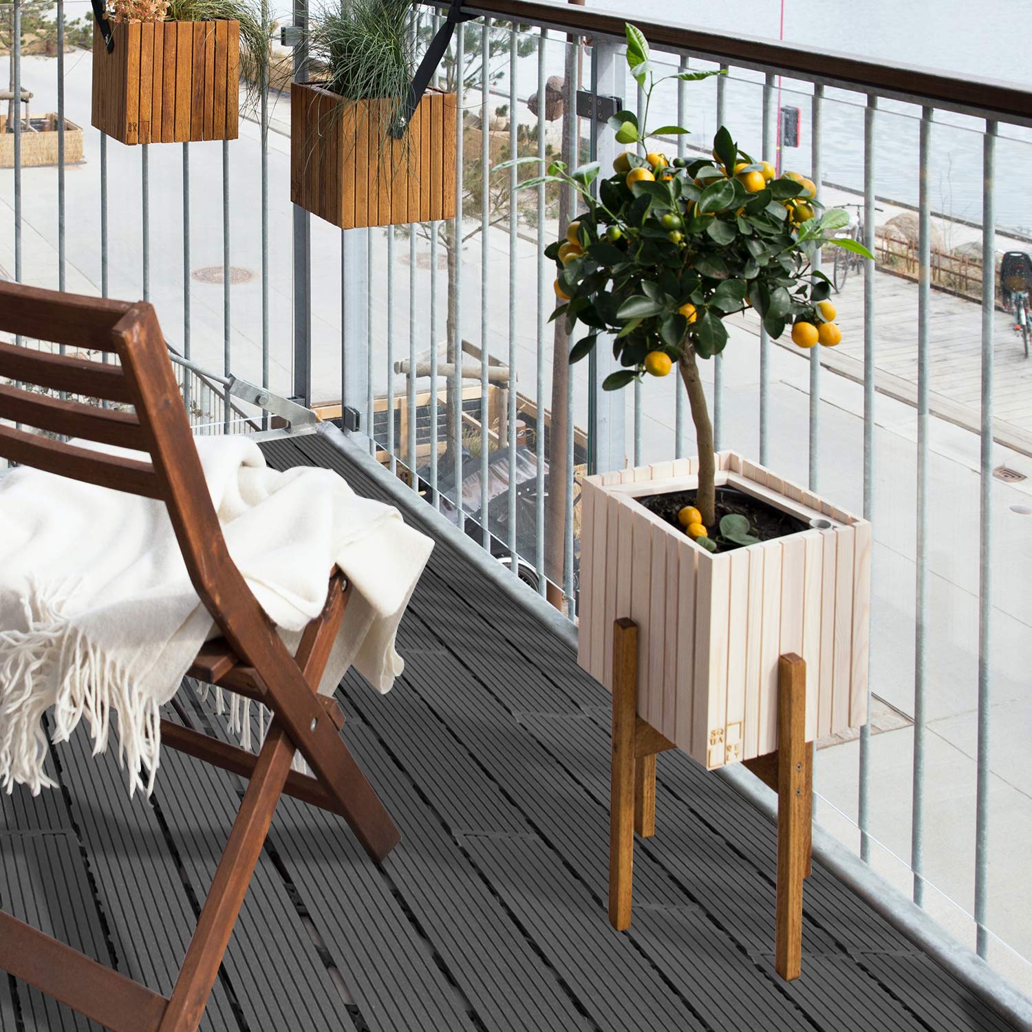 Randaco Piastrelle in Plastica Composita WPC, 30x60cm 12 Pannelli / 2 m² Pavimentazione in Plastica-legno all'aperto con Drenaggio e Sistema Plug-in, per Terrazze, Pavimenti, Antracite