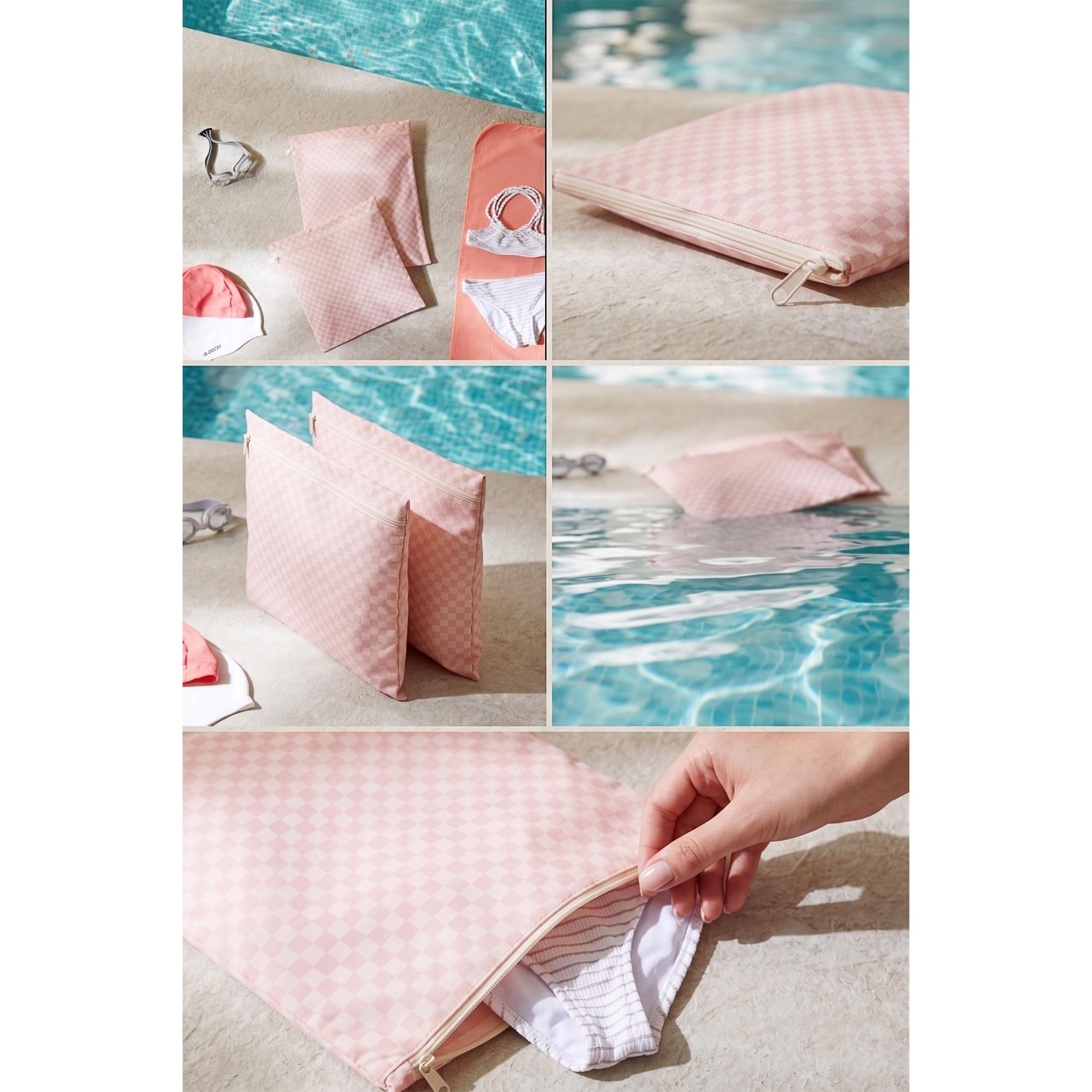 Ocean Home Textile 2'li Su Geçirmez Pvc Astarlı Pembe Dama Desen Islak Kuru Çantası 28 x 30/30 x 36 cm