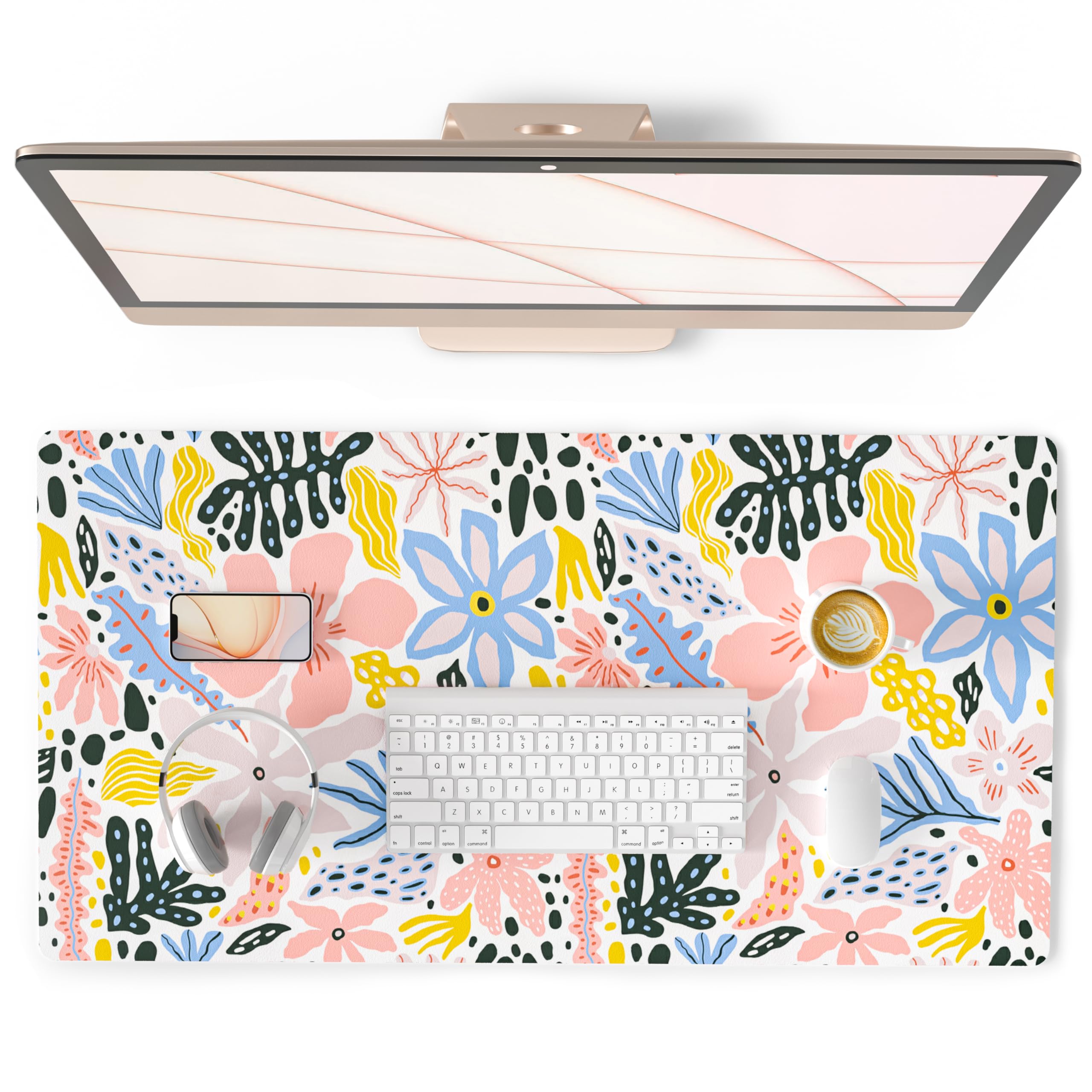 QIYI Floral Large Mouse Pad, Cute Desk Mat for Desktop, Women Girls Desk Accessories Office Décor, PU Leather Waterproof Big Gaming Mousepad, Doodle