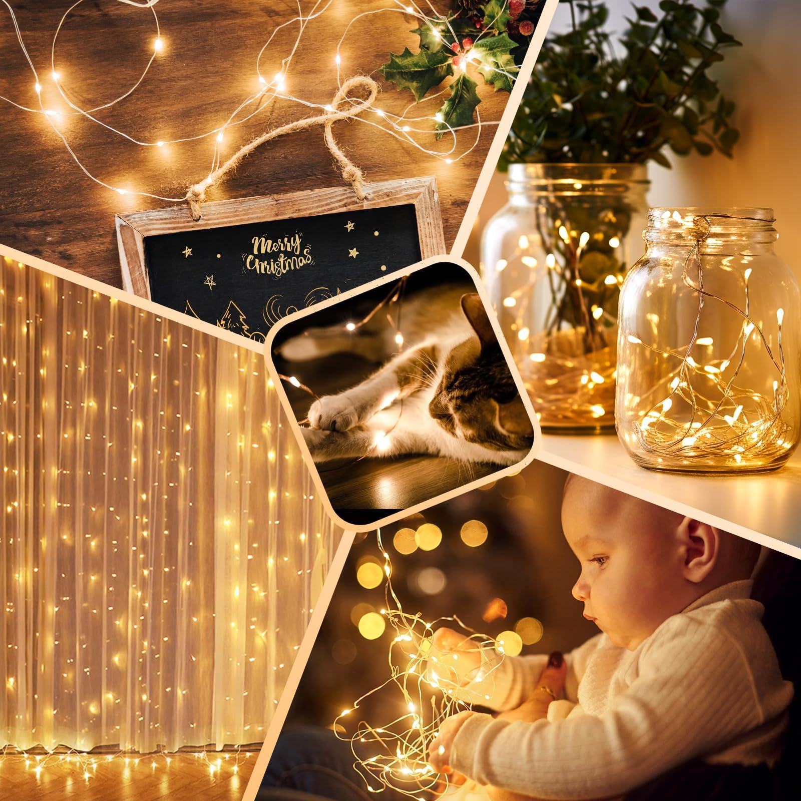 Lakumu Lot de 4 guirlandes lumineuses 100 LED de 10 m à piles, télécommande avec minuterie, 8 modes, étanches, pour chambre à coucher, salle de classe, dortoir, fête de Noël, blanc chaud