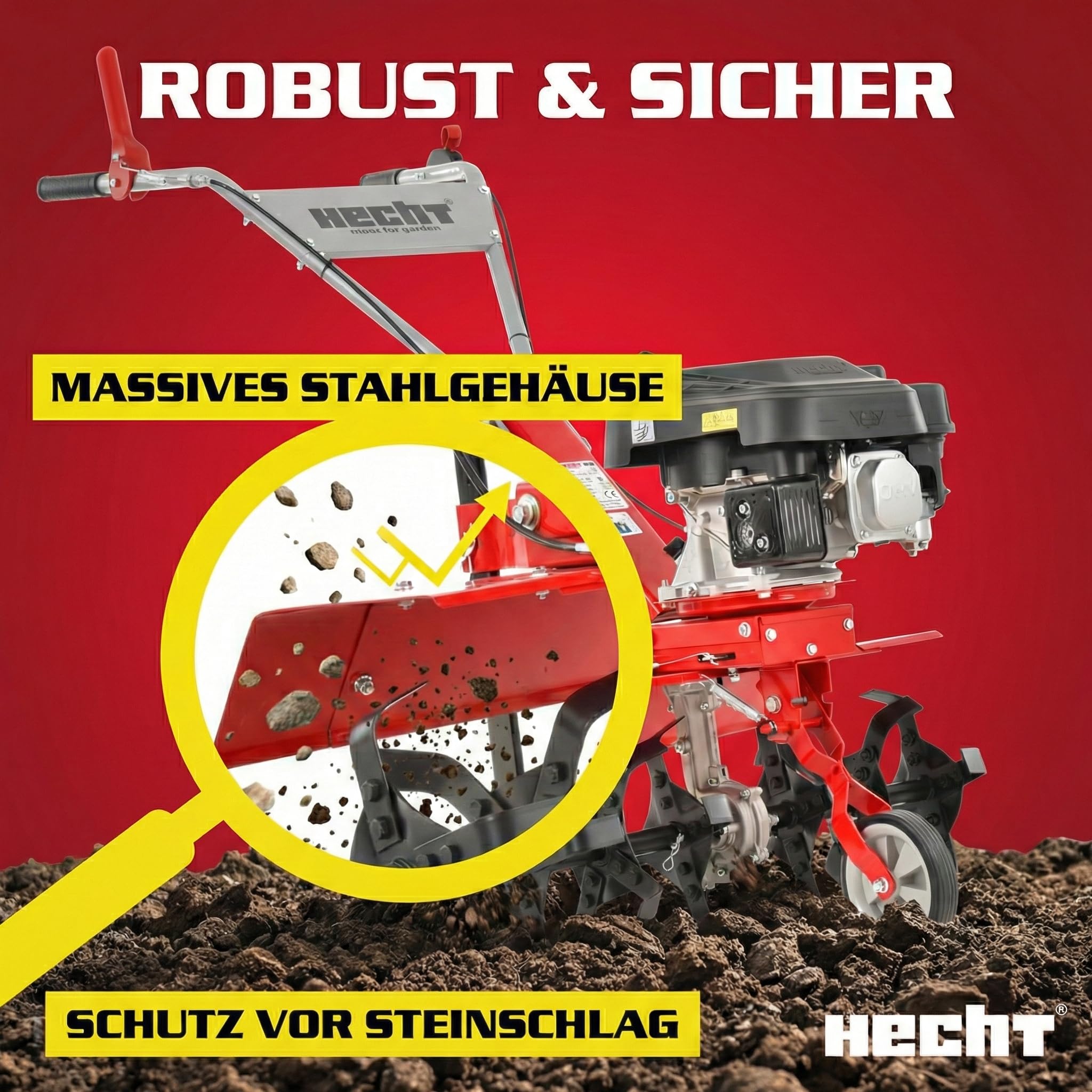 HECHT Benzin Motorhacke 4,08 PS - mit 60 cm Arbeitsbreite – 4 Takt Motor – 24 Harte Messer – Bodenfräse – Gartenhacke – Kultivator – zum Boden umgraben und lockern - Gartenfräse Benzin