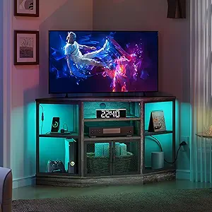 DWVO Corner TV Stands, Corner Entertainment Center, TV Cabinet with Power Outlet, LED Light Strip and Adujustable Shelf, Space Saver Hexagon Small TV Consoles for Living Room, Dark Grey