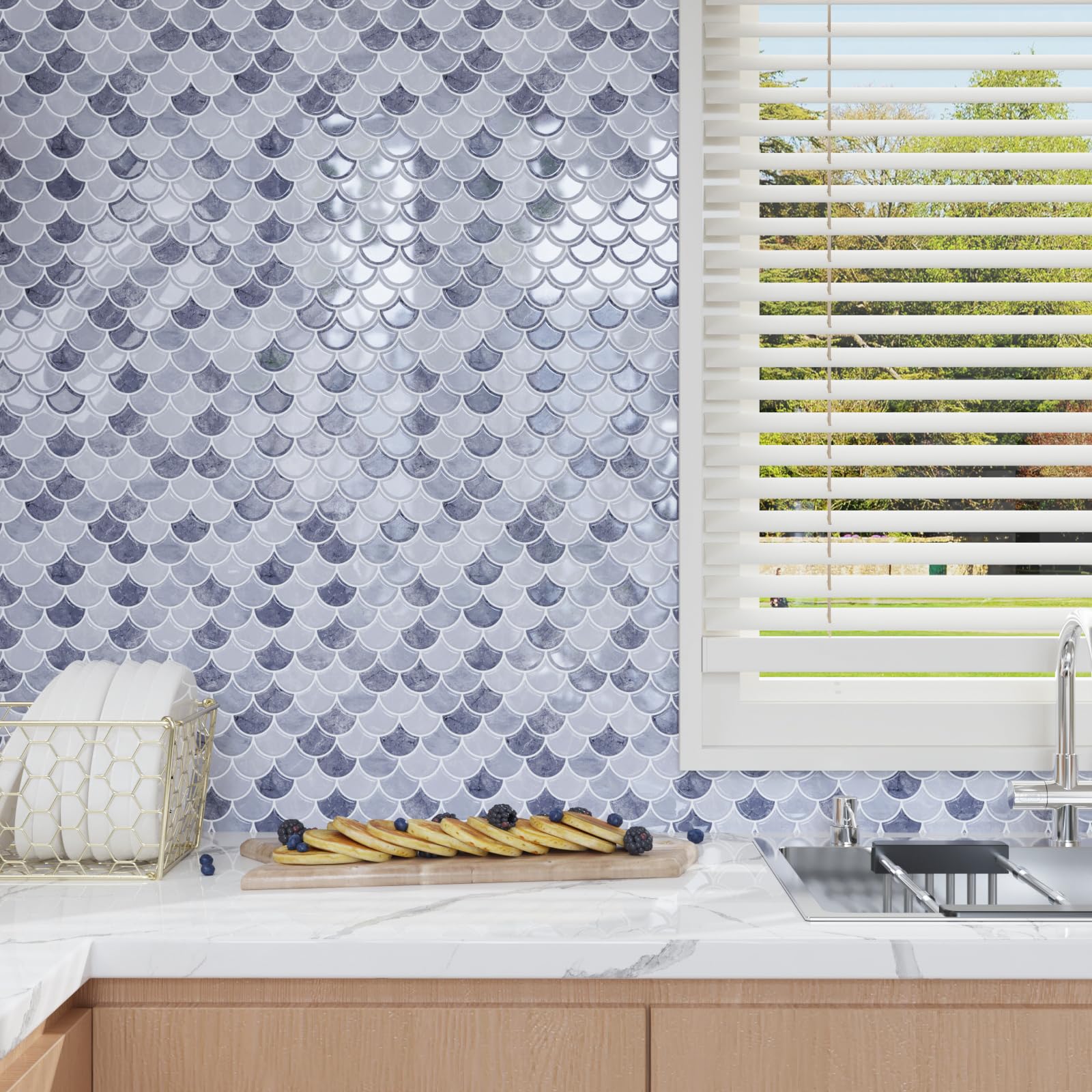 CRE8TIVE Azulejos Adhesivos Azul Gris 16 Piezas Cenefa Adhesiva Cocina Efecto Marmol Forma de Abanico Baldosas Adhesivas Pared Mosaico Azulejos Adhesivos Cocina Lavadero Escaleras 30.5cm x 30.5cm