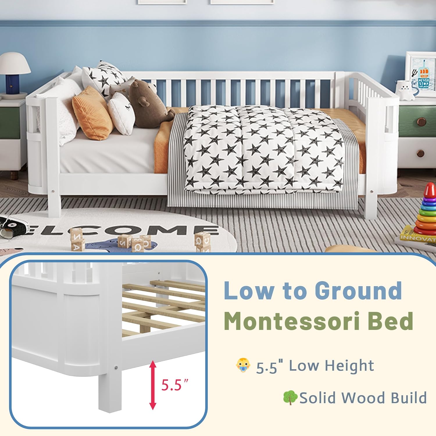 Full Kids Floor Bed Frame with Rails, Wood Low Montessori Platform Bed with Slats Support, Modern Daybed with Detachable Side Rails, Space Saving Kids Beds for Boys Girls Bedroom, White