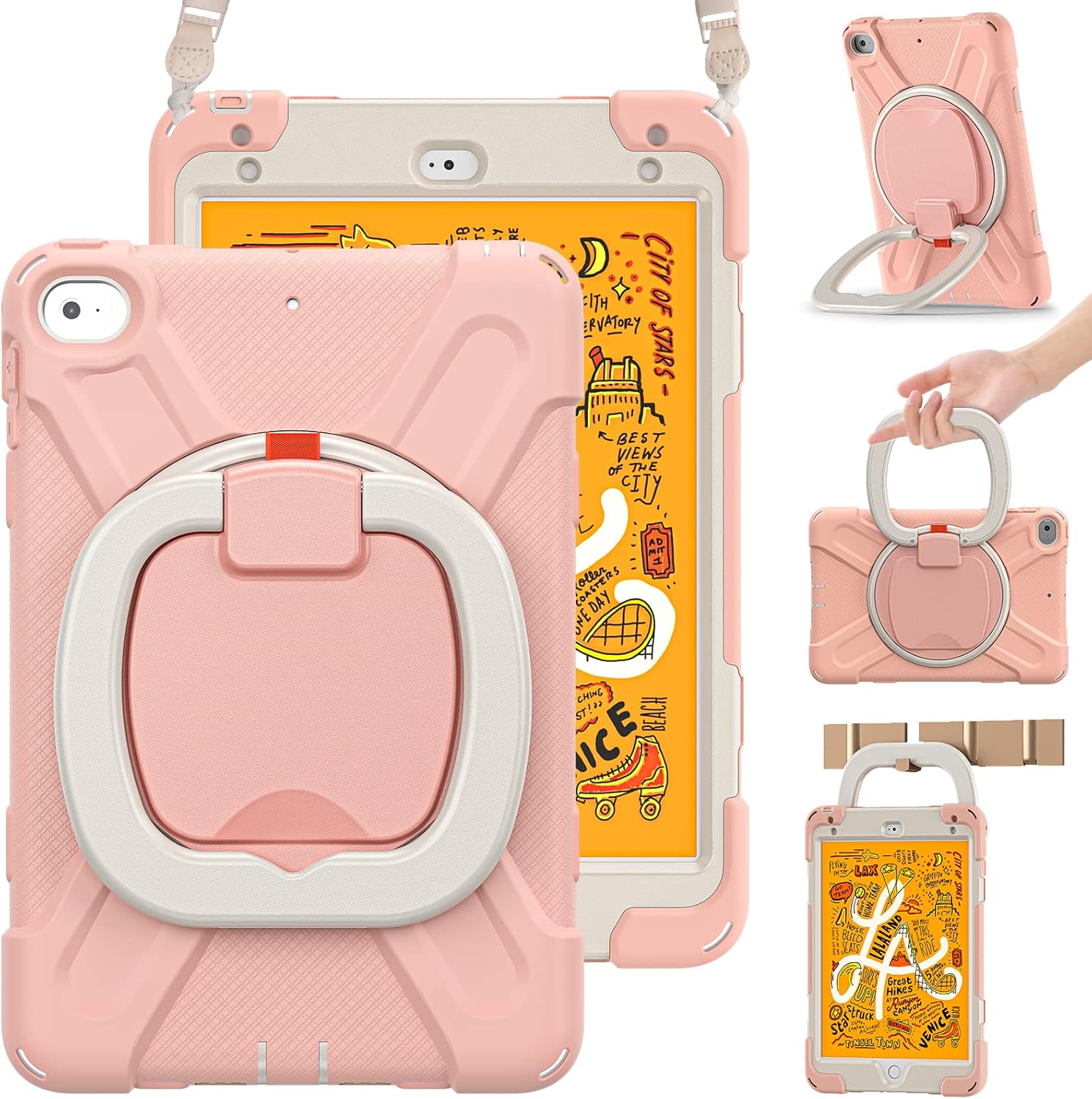 BRAECN Kids Case for iPad mini 5/4 7.9 Inch 2019/2015- Kids Friendly Silicone Case with Pencil Holder, Shoulder Strap, 360° Rotating&180 ° Folding Grip, Stable Kickstand for iPad mini 5/4- Rose Gold