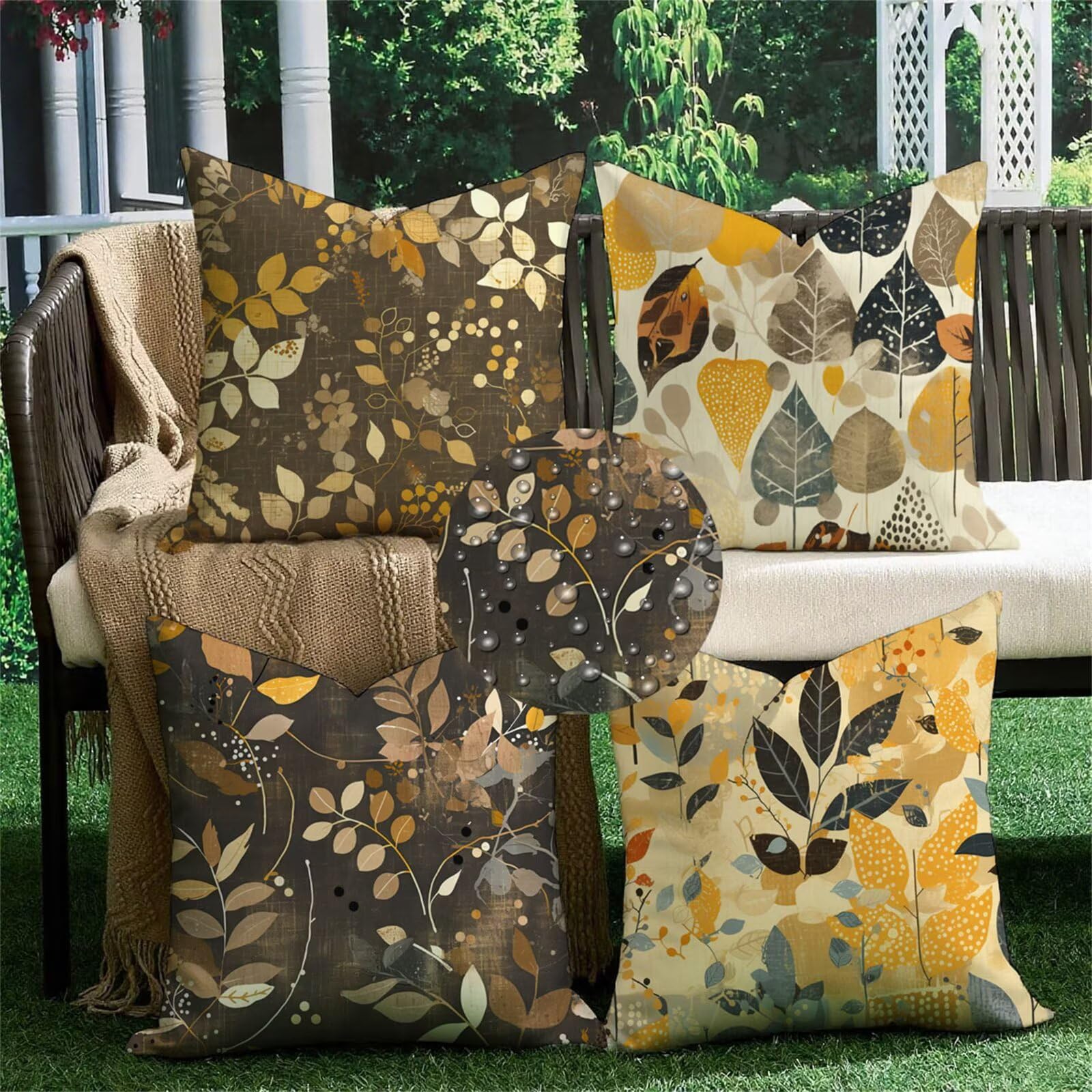 Funda Cojin 75x75 Juego de 4 Cojines Exterior otoño Cuadrada Fundas Cojines planta Terciopelo Funda de Almohada, Impermeable Almohada Sofa, para Sillas Sala de Estar Dormitorio Jardín Decoración s-341