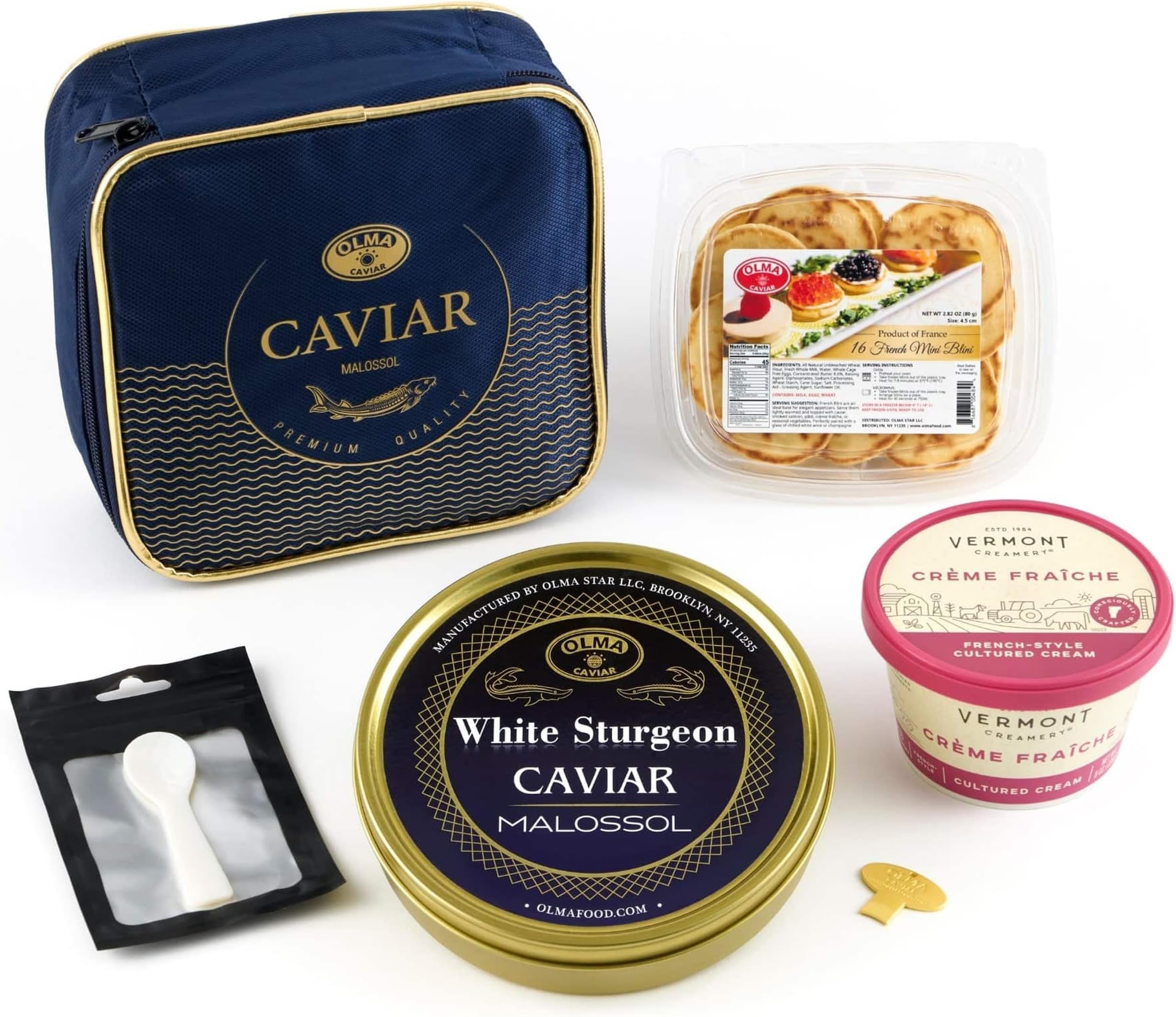 OVERNIGHT SHIPPING OLMA White Sturgeon Caviar Gift Set, 250g | Includes 250g White Sturgeon caviar, 16 mini blinis, crème fraîche, mother-of-pearl spoon and opener for elegant serving.