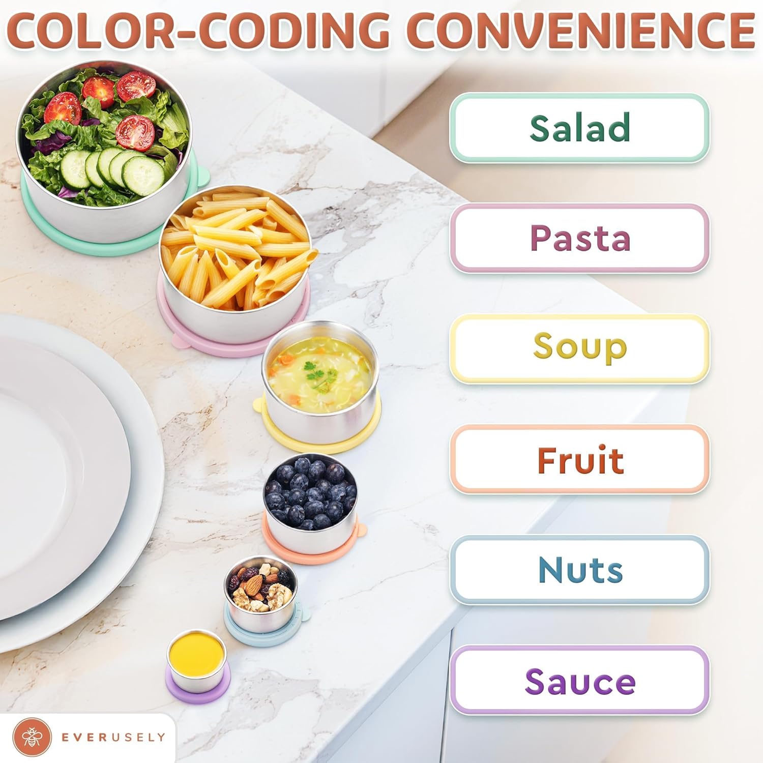 Everusely - Stainless Steel Containers with Lids - Set of 6, Bright Collection - Leakproof Stainless Steel Food Containers - Nesting Snack Holders - Metal Lunch Box - Portable & Reusable Meal Kit - Image 2