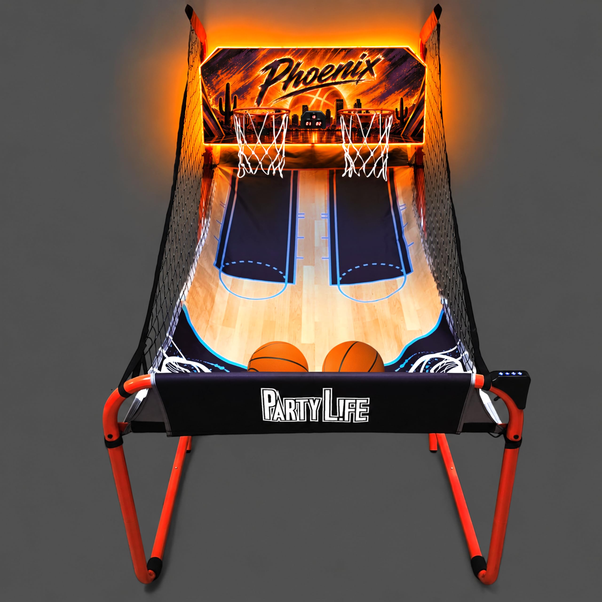 PartyLife 2-Player Basketball Arcade Game w/LED Lights | Electronic Scoring | 5 Balls, 1 Pump, 8 Games | Folding Design | Heavy-Duty Steel Frame