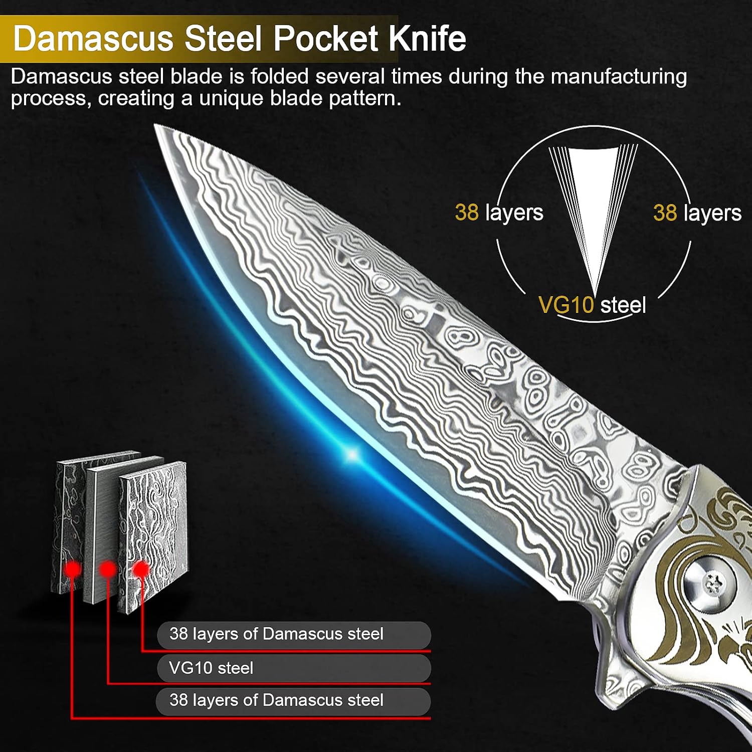 AUBEY Damascus Pocket Knife with Clip, Folding Knives with VG10 Damascus Steel Blade, Wooden Handle, Foldable EDC Knifes for Outdoor Survival Collection Gift