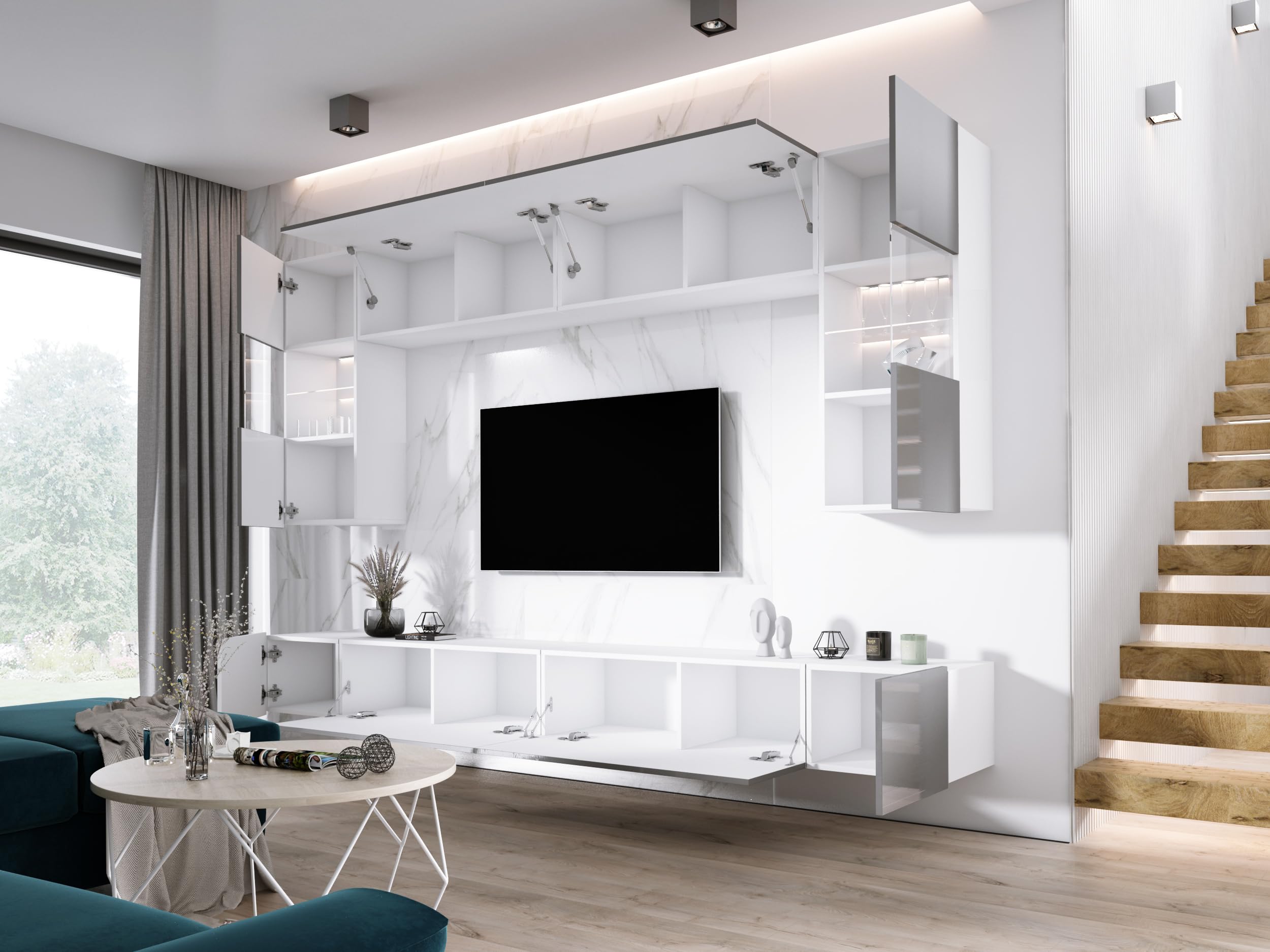 3xE Living Wohnwand Sonoma Eiche Medienwand Design Modern MDF Hochglanz, Wohnzimmer Möbel, Wohnwand Wohnzimmer