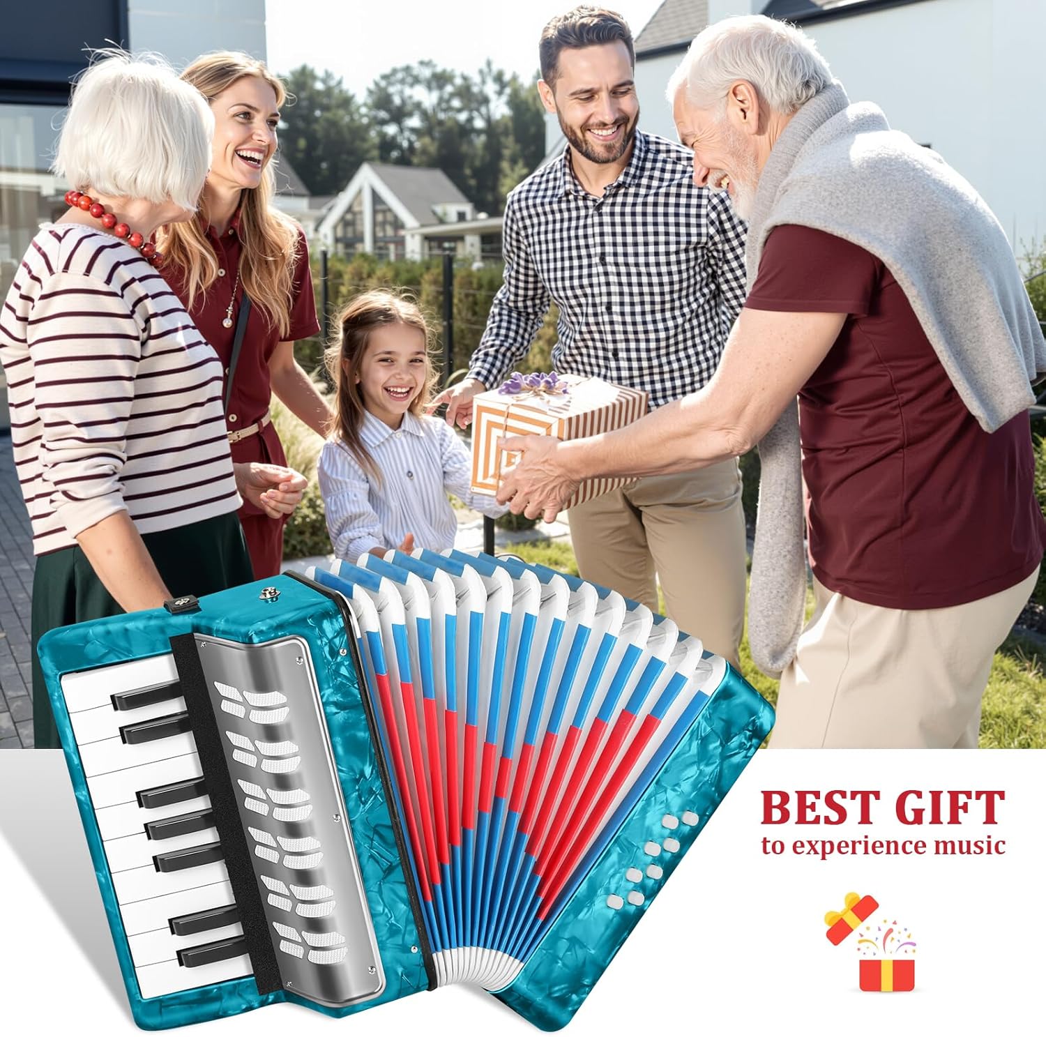 Lotkey 17 Key Piano Accordion, 8 Bass Kids Accordion, Celluloid Body, Metal Cover Accordions Louder Clearer Timbre Than Plastic, Lightweight Design for Children, Beginners to Practice (Azure Blue)