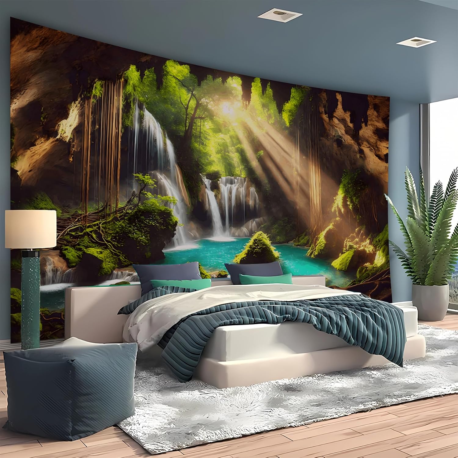 BSFHH Nature Tapestry Forest Tree Sea Cave Wall Hanging, Stream Through Rainforest Landscape Wall Art Tapestry for Bedroom Living room (Cliff Cave)