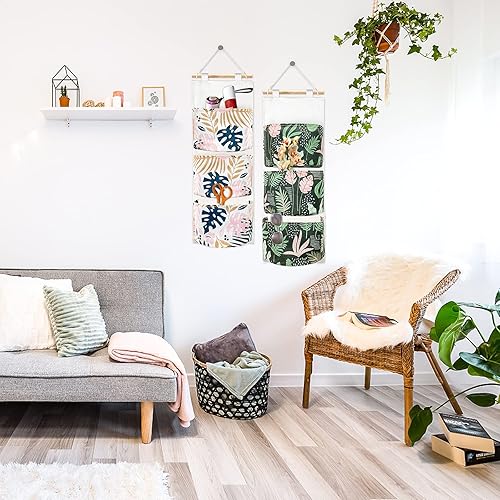 Miniatura 6 de Paquete de 3 bolsas de almacenamiento para colgar en la pared, organizador colgante de armario tropical sobre la puerta, con 3 bolsillos, bolsillo