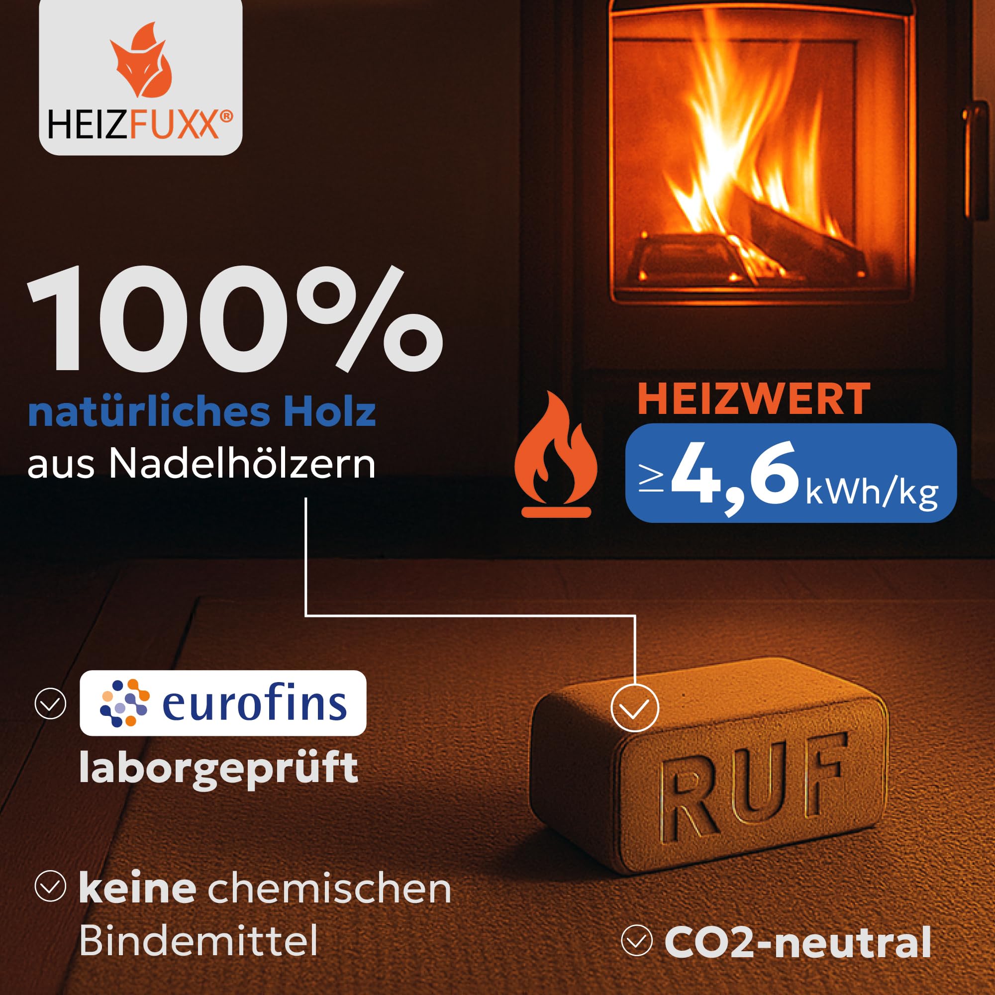 Holzbriketts RUF Original Blue - Weichholzbriketts Palette 960 kg (96x10 kg) - Premium Briketts für Kamin, Heizkessel & Ofen - Hoher Heizwert, geringer Aschegehalt & maximale Energieausbeute