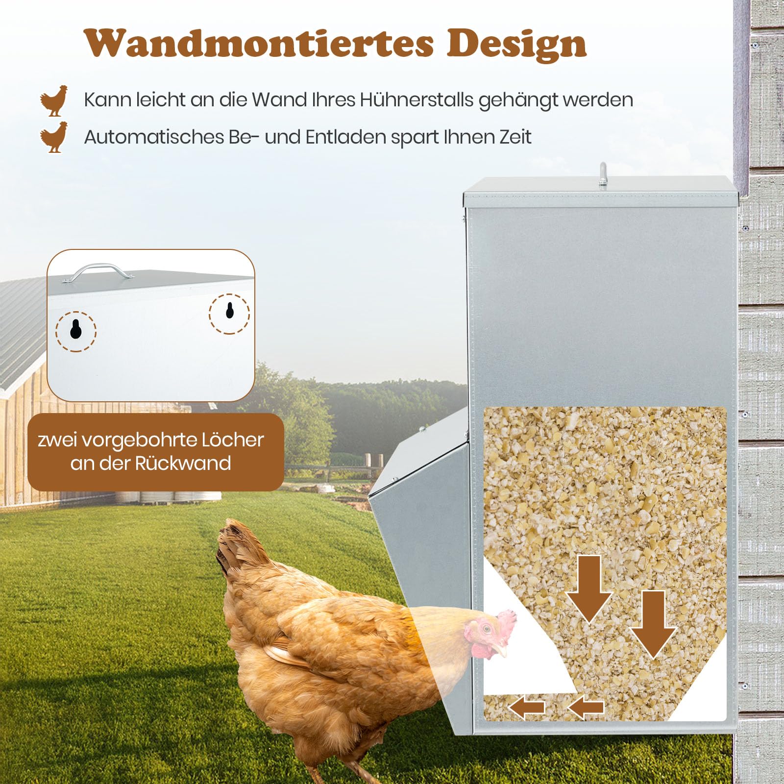 GYMAX Comedero para Pollos Galvanizado, Alimentador de Aves de Corral con Capacidad de 22 KG, Tapa, Marquesina, Dispensador de Alimentos, Comedero Semicerrado Montado en Pared para Pollos, Patos