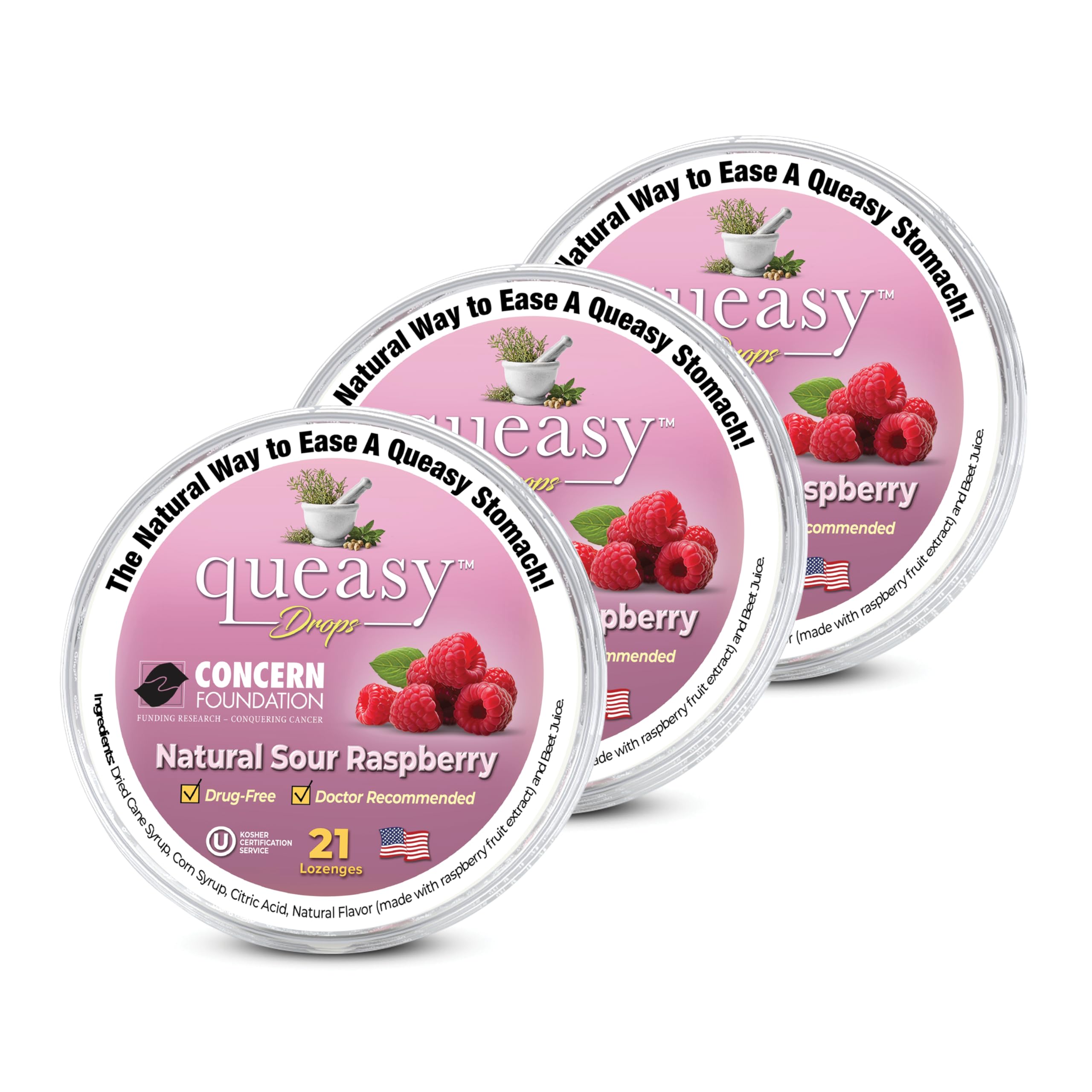 Three Lollies Queasy Drops - Sour Raspberry Flavor - Travel Sickness &amp; Nausea Relief, Soothes Stomach &amp; Dry Mouth, Natural Ingredients - 21ct (3-Pack)
