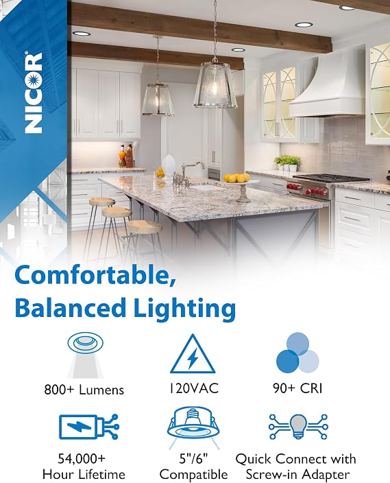 DCR Select LED Can Lights 2700K, White - 800 Lumens Retrofit LED Recessed Lighting 6 Inch or 5 Inch Housing Fit - 54,000+ Hour Lifetime, Energy Efficient & Dimmable by NICOR Lighting